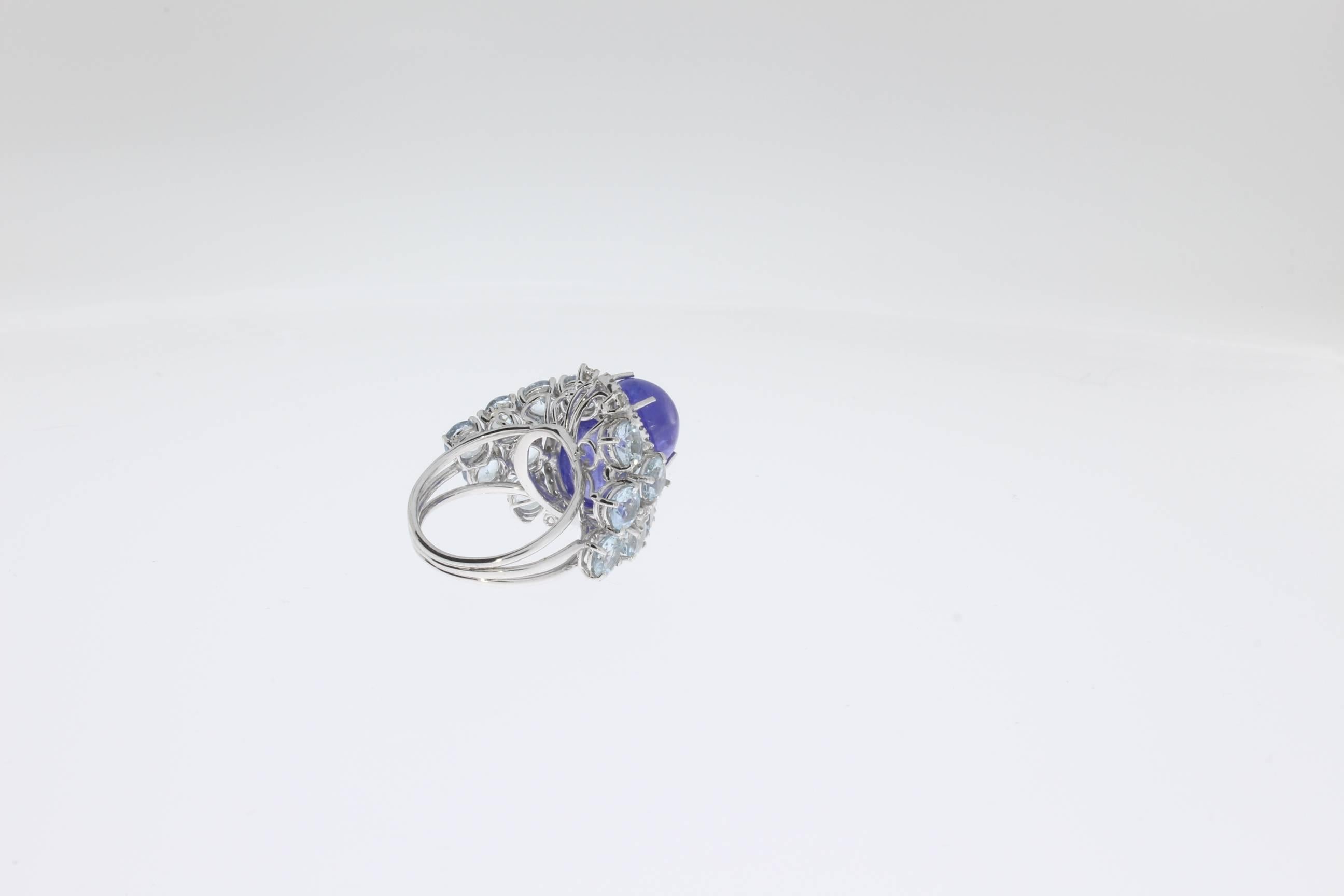 Women's Unusual Two Cabochon Sapphire Aquamarine Diamond Gold Ring
