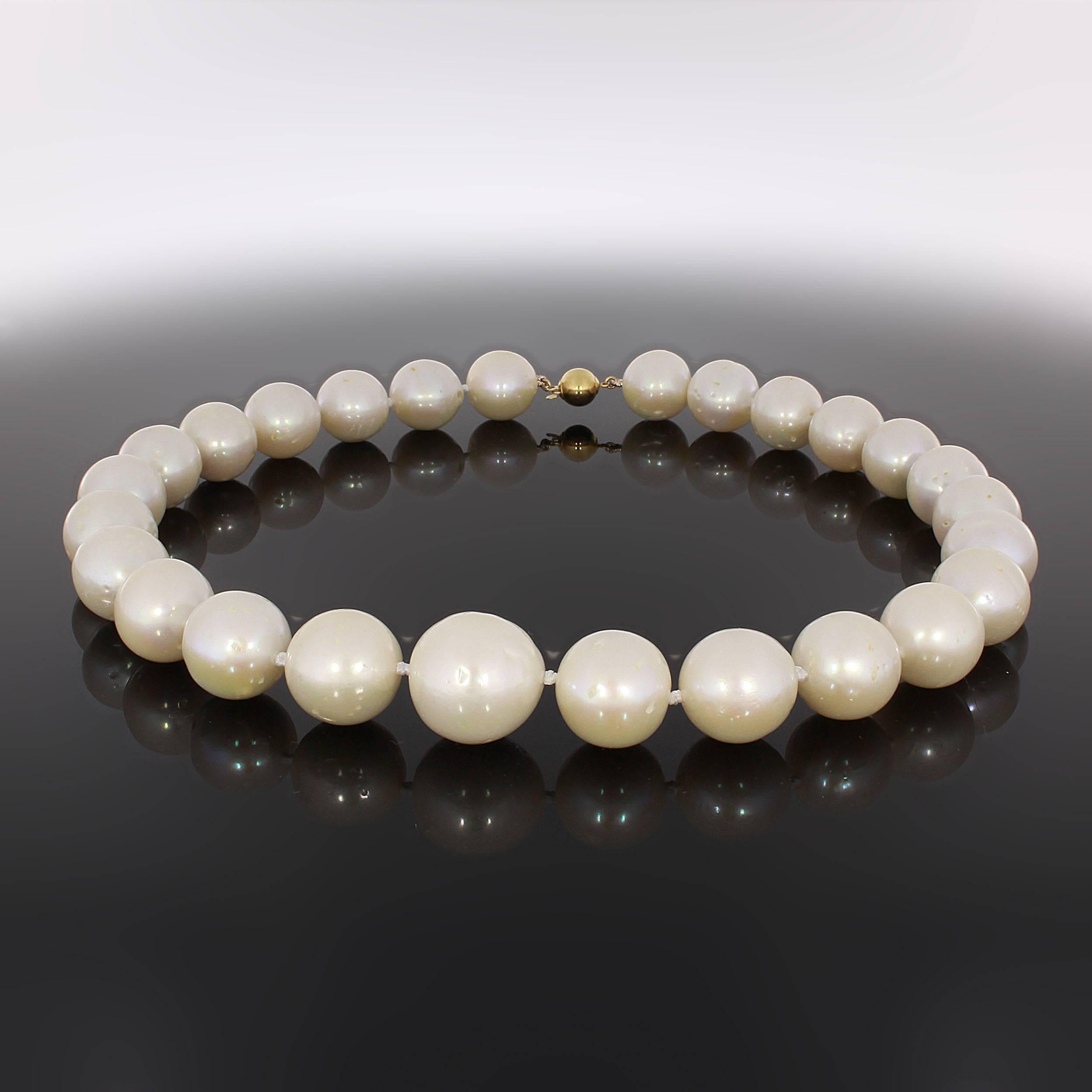 One strand of 26 South Sea pearls 12-15 mm in diameter. 
Completed by an 18 K yellow gold rondel clasp. Total weight: 128,8 grams.
Length: 17.72 in ( 45 cm )