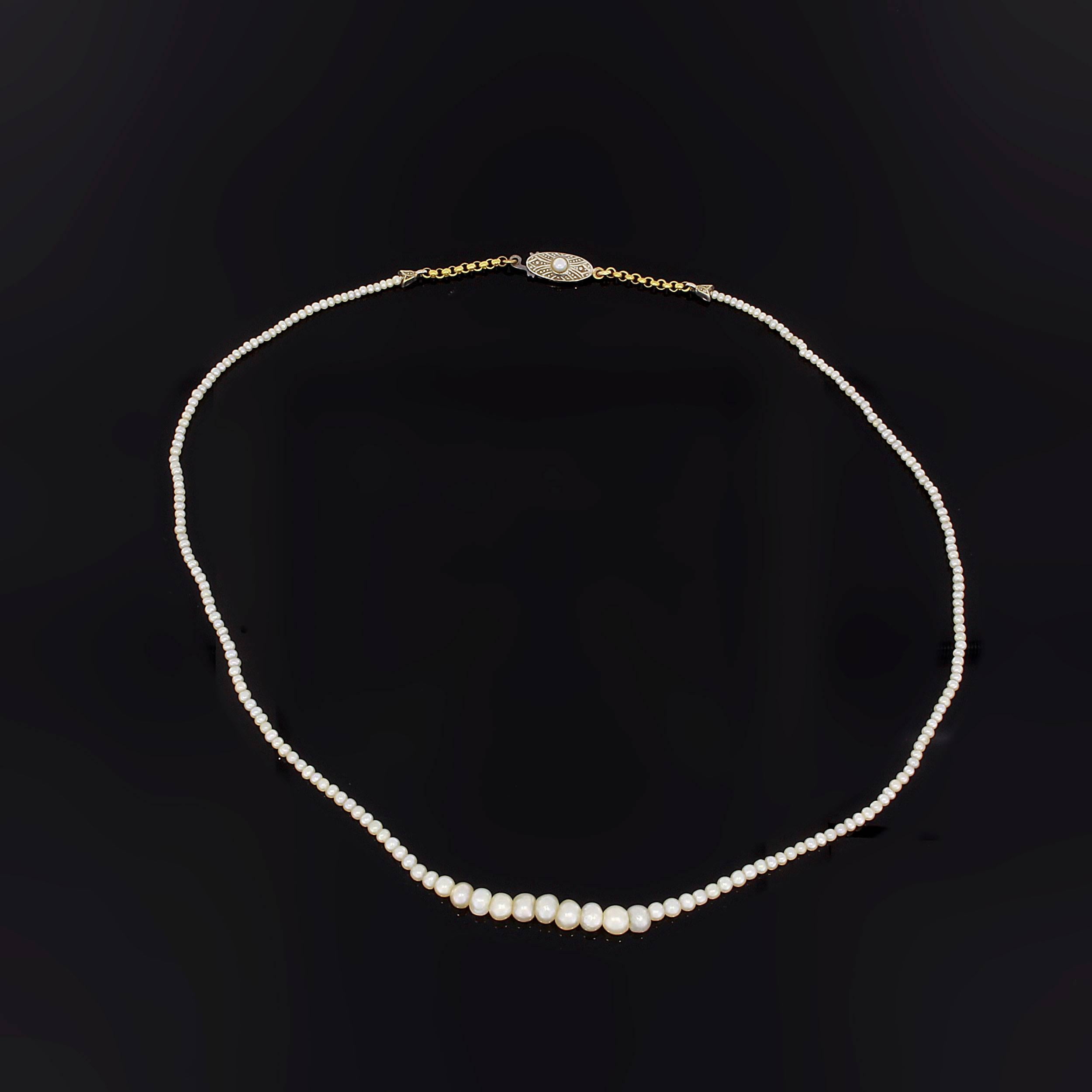 1900s graceful Art Nouveau work with graduated natural oriental pearls. The clasp in 18K white- and yellow gold, decorated by one small pearl. Total weight: 3,7 g. Length: 15.35 in ( 39 cm )