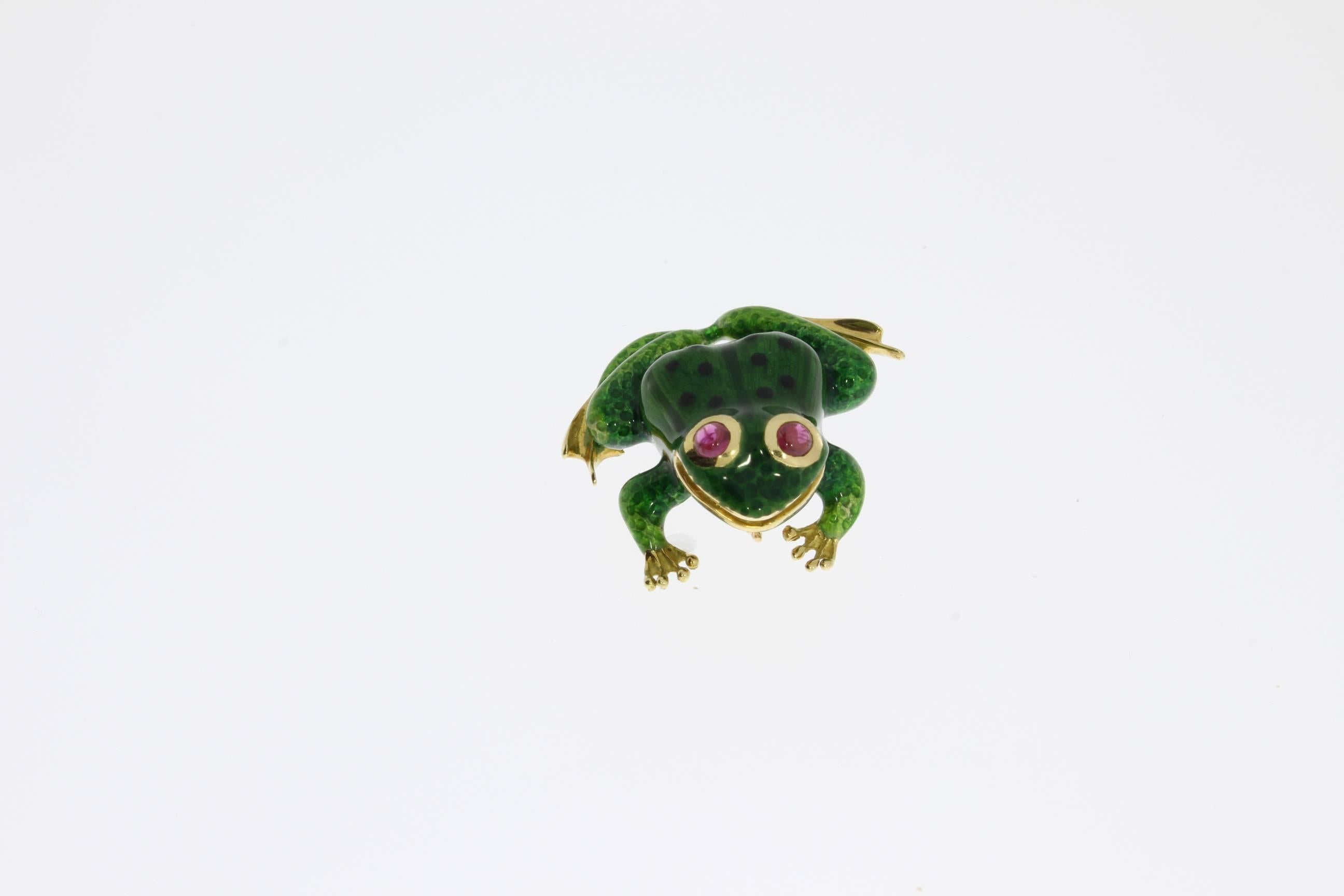 Broche grenouille en or, émail, rubis et émail Excellent état - En vente à Berlin, DE