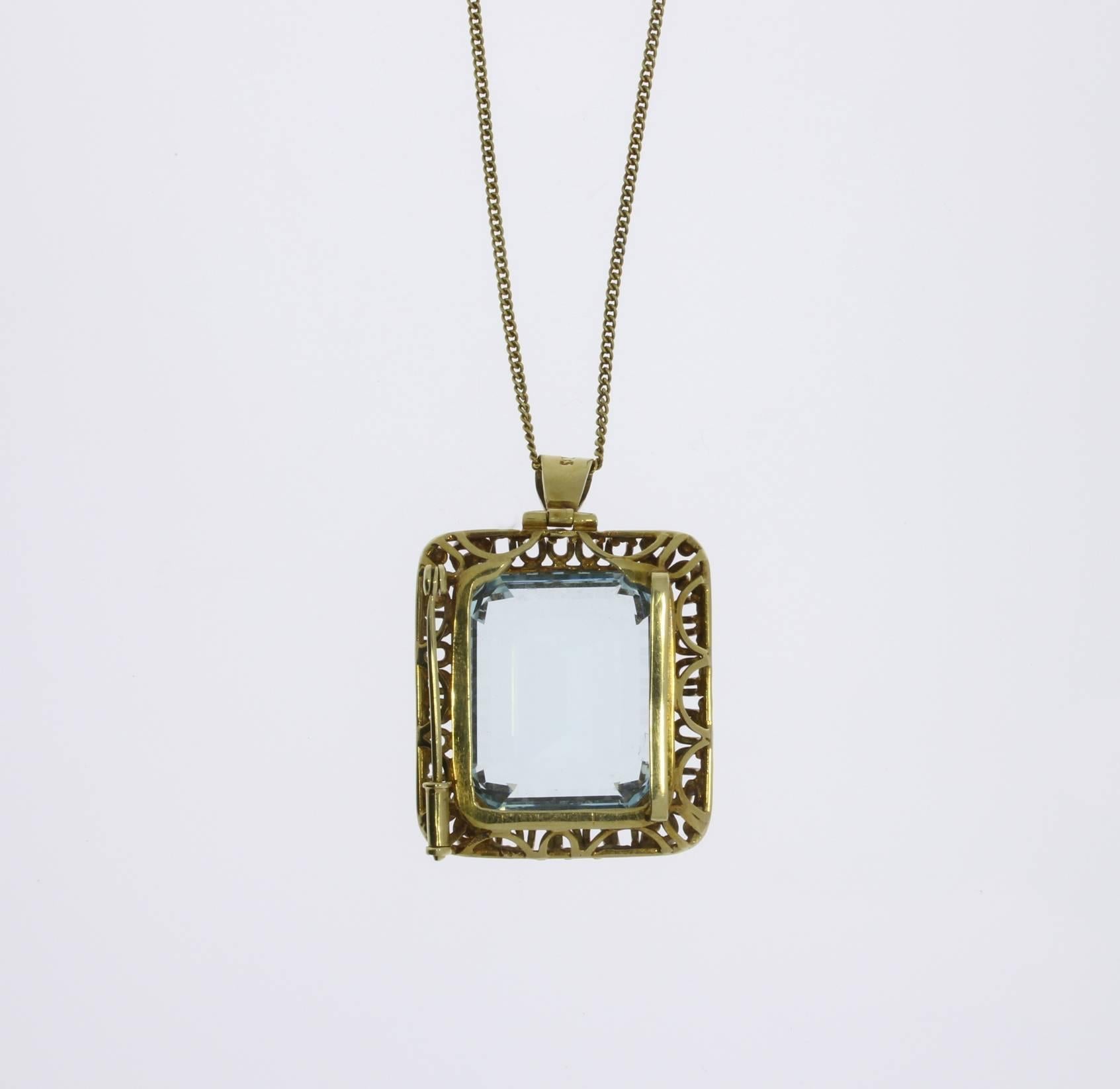 Emerald Cut Large Aquamarine Gold Pendant Brooch For Sale