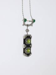 Onyx Peridot Emerald Diamond Gold Pendant Brooch