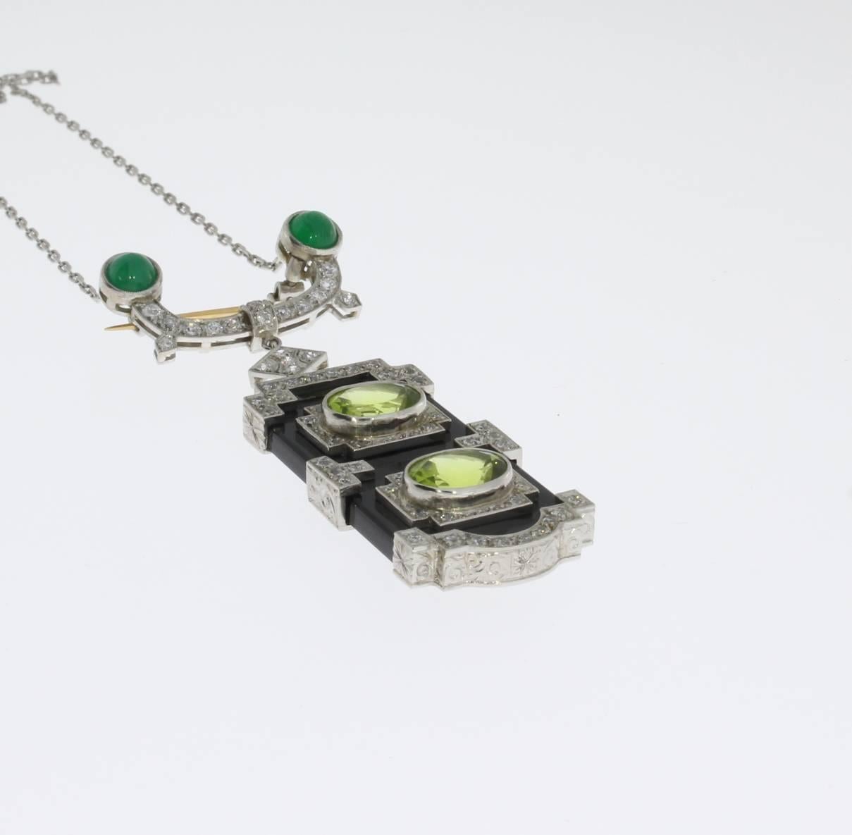 Art Deco Onyx Peridot Emerald Diamond Gold Pendant Brooch For Sale