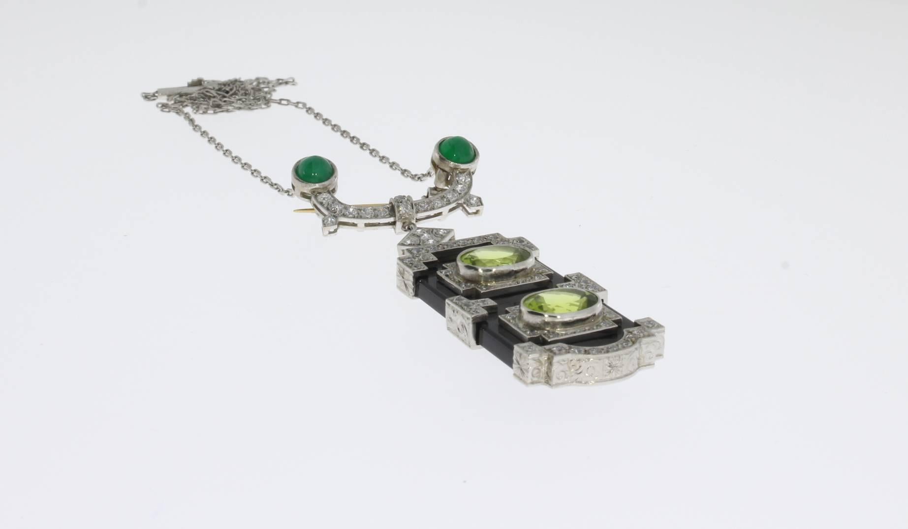 Oval Cut Onyx Peridot Emerald Diamond Gold Pendant Brooch For Sale