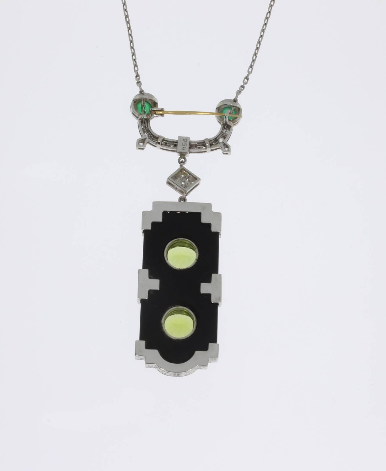 Onyx Peridot Emerald Diamond Gold Pendant Brooch In Excellent Condition For Sale In Berlin, DE