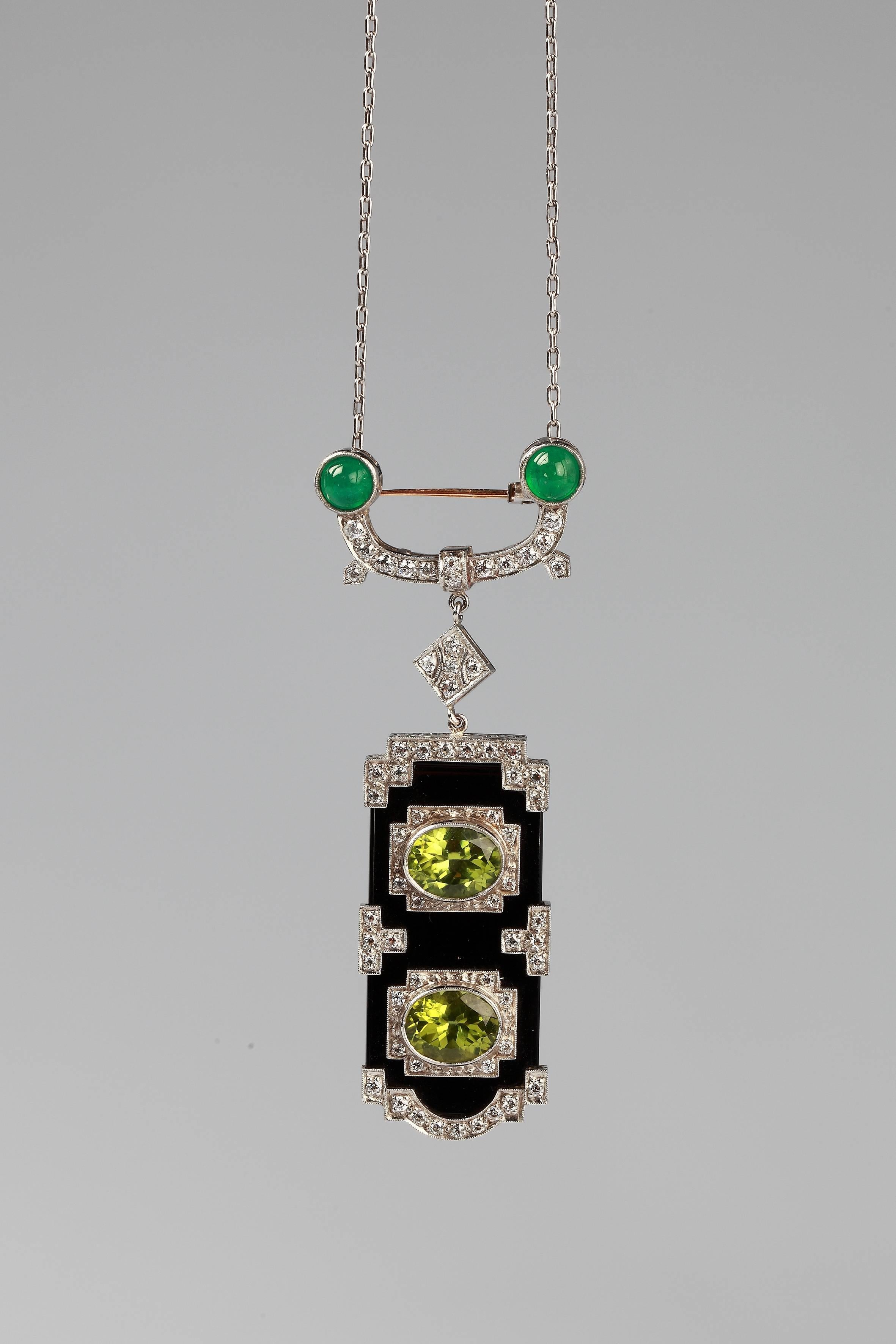 Women's Onyx Peridot Emerald Diamond Gold Pendant Brooch For Sale