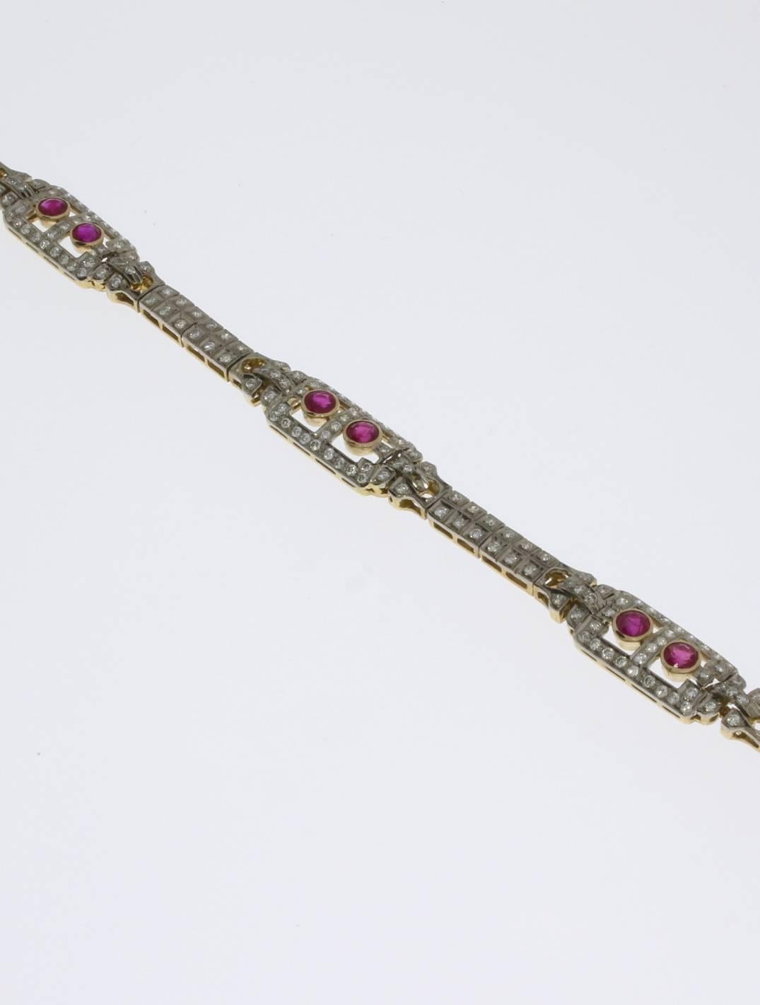 Art Deco Ruby Diamond Two-Color Gold Bracelet For Sale