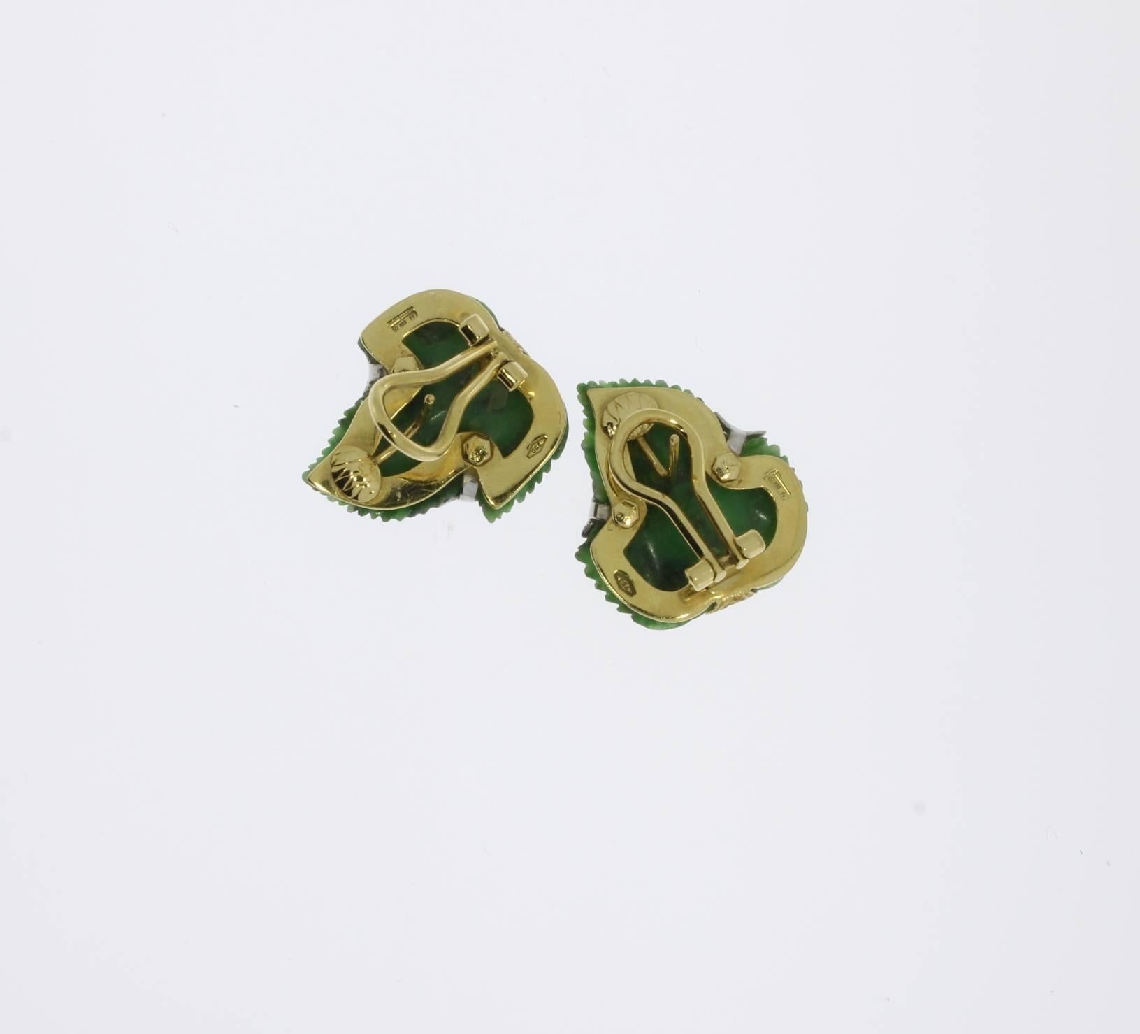 Carved Jade Diamond Gold Leaf Earrings For Sale 2