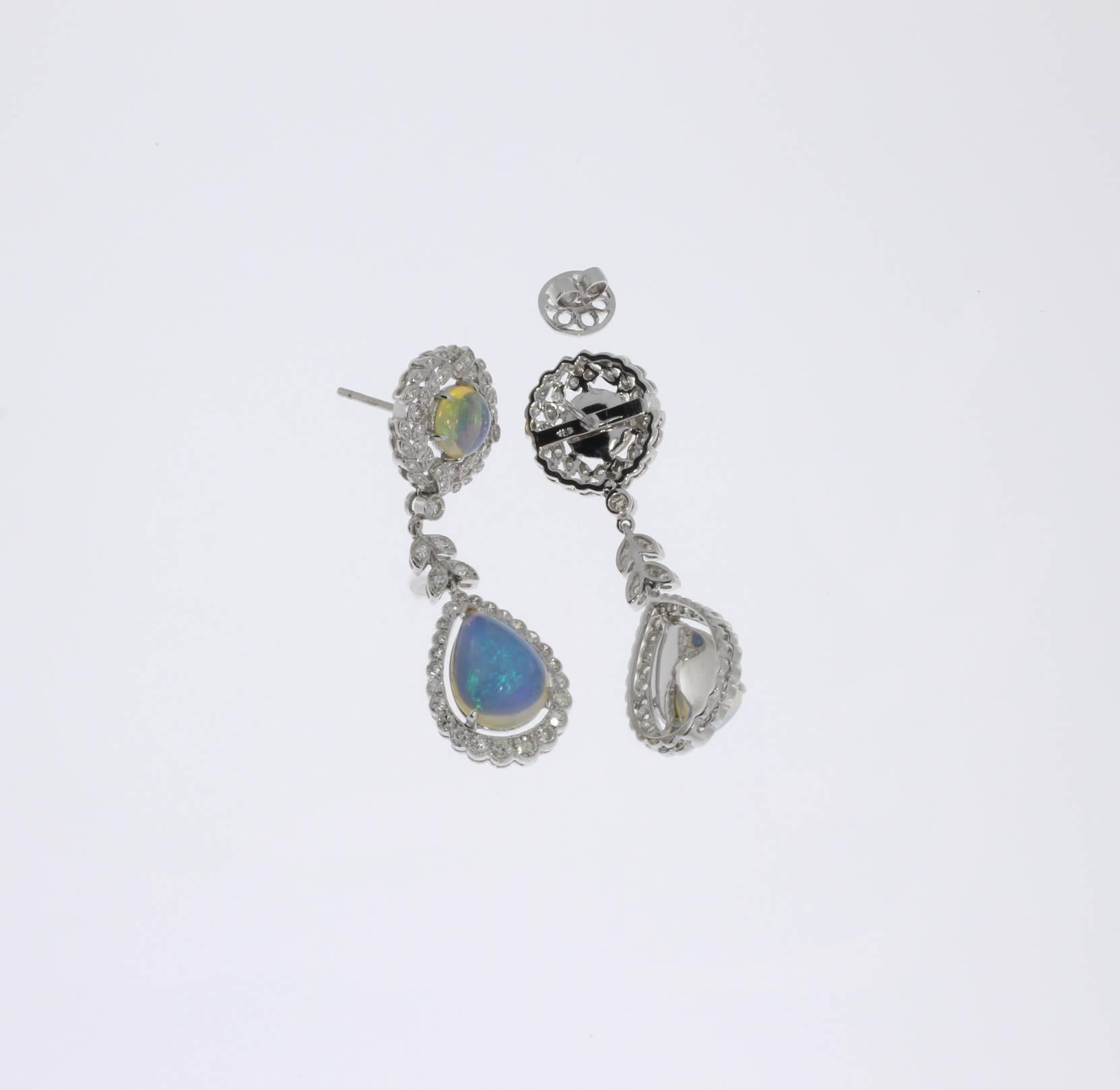 Brilliant Cut Opal Diamond White Gold Dangle Earrings For Sale