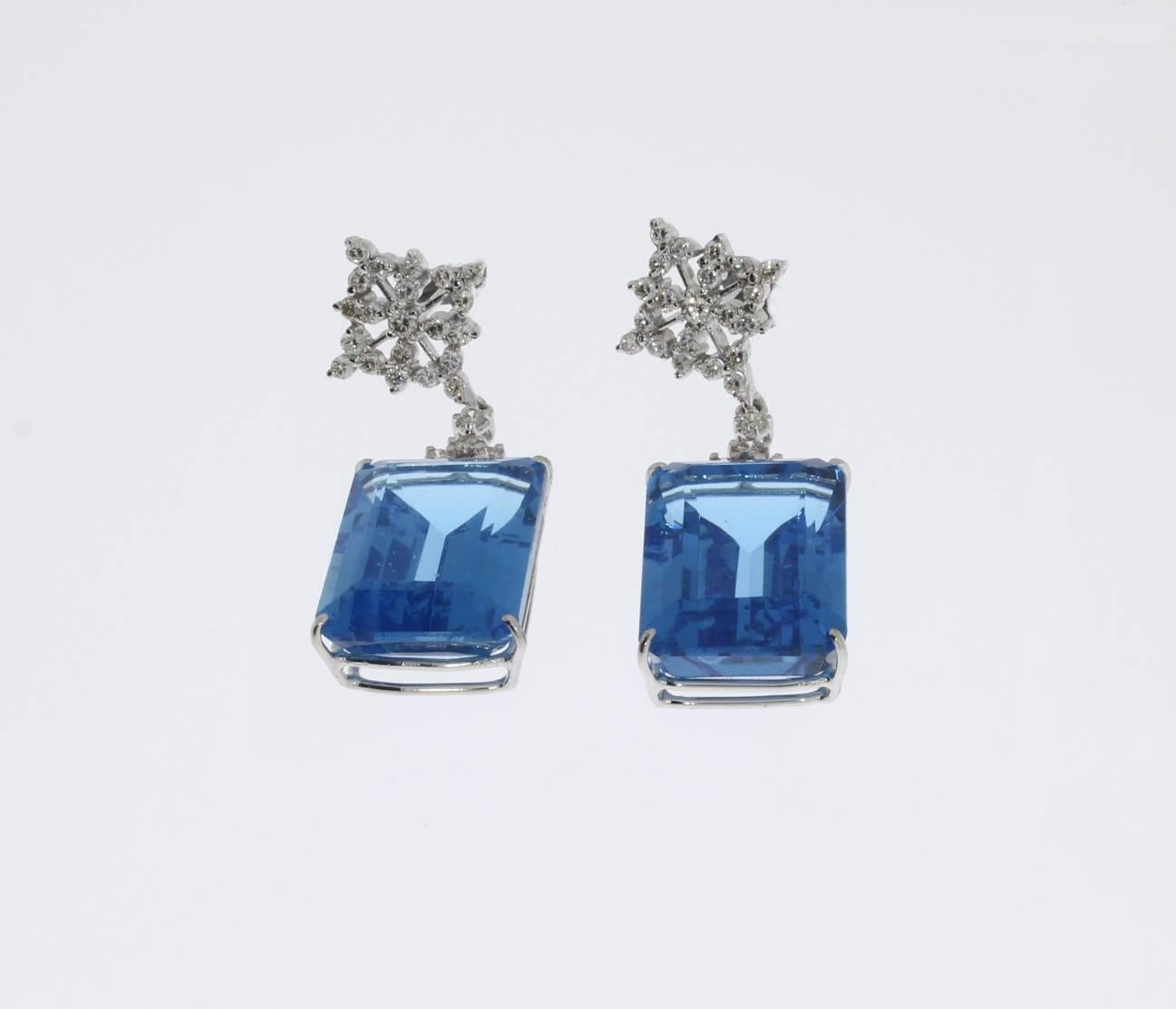 Emerald Cut Blue Topaz Diamond Gold Drop Earrings For Sale