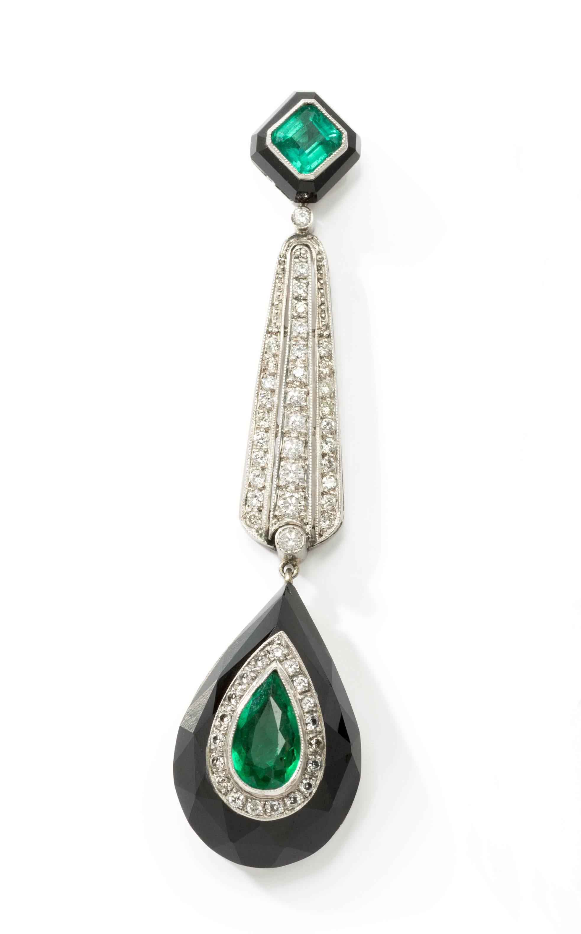 Emerald Cut Onyx Emerald Diamond Platinum Dangle Earrings