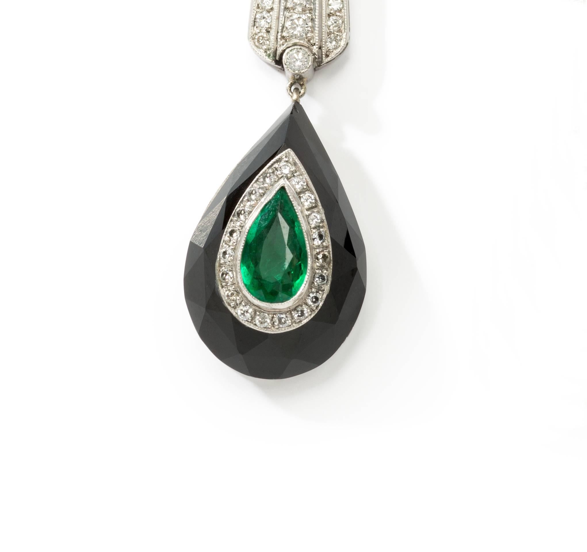 Women's Onyx Emerald Diamond Platinum Dangle Earrings