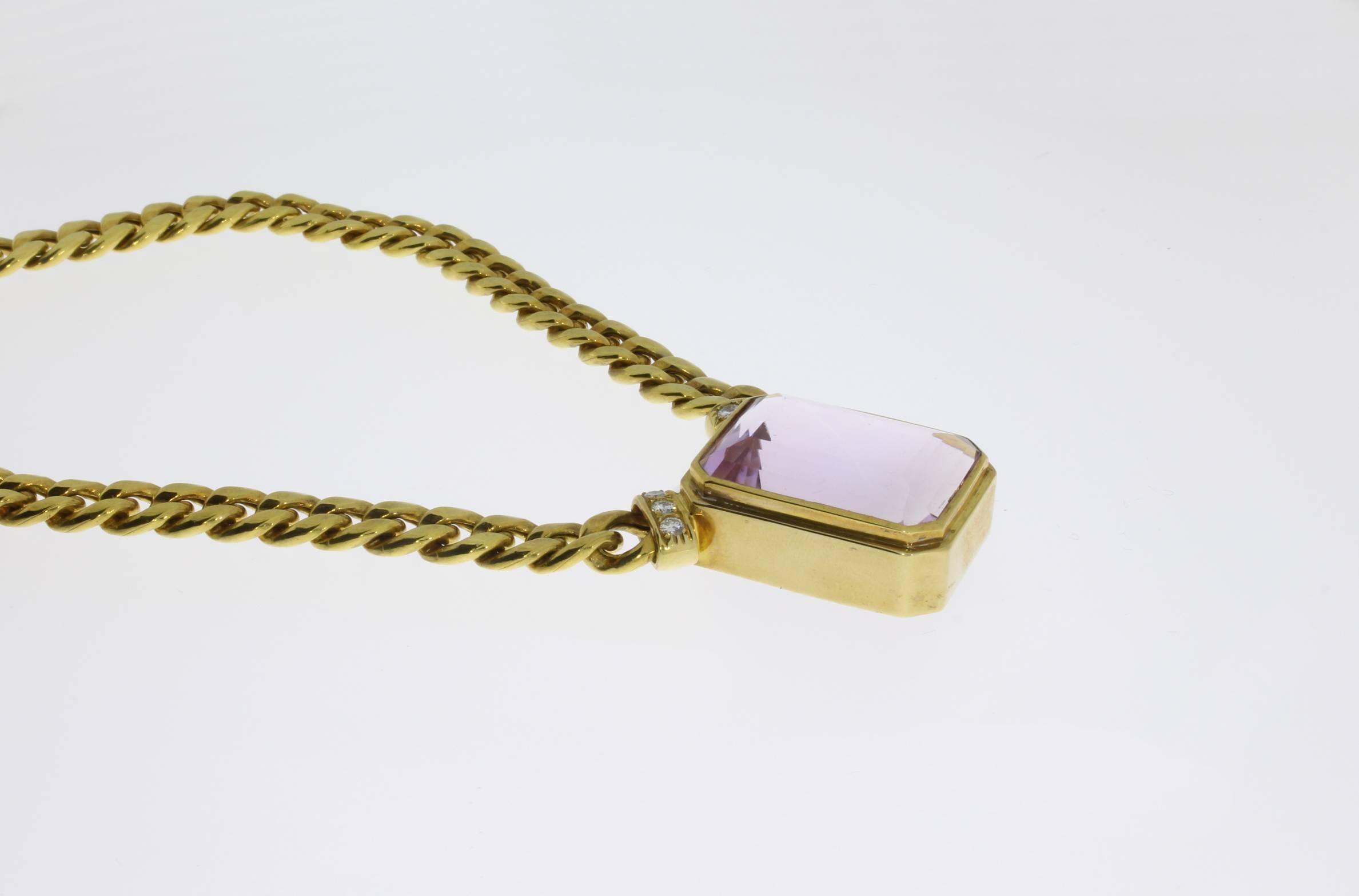 Emerald Cut Large Amethyst Diamond Gold Necklace