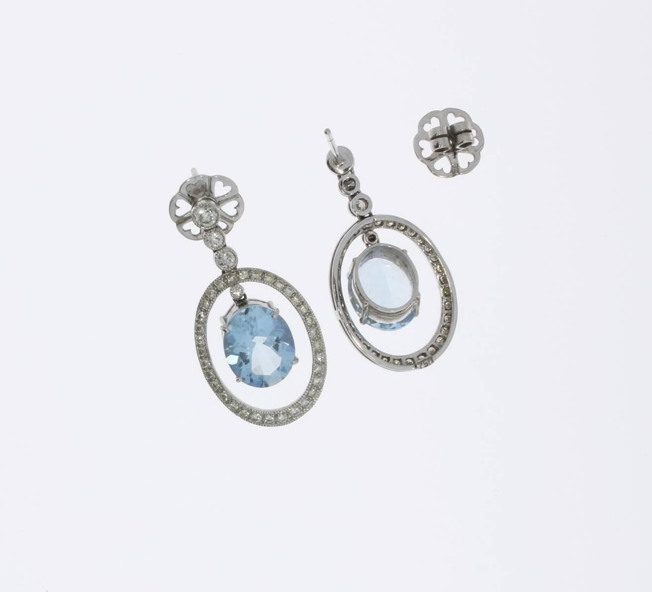 Oval Cut Aquamarine Diamond White Gold Dangle Stud Earrings For Sale