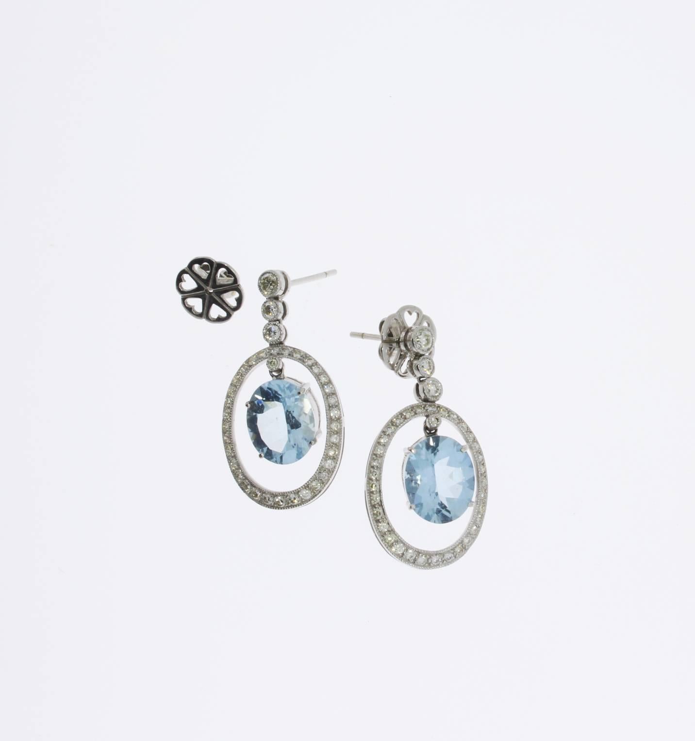 Aquamarine Diamond White Gold Dangle Stud Earrings In Excellent Condition For Sale In Berlin, DE