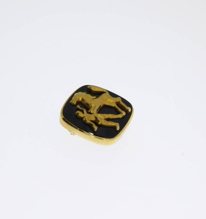 Shield Cut Gold Horse and Rider Onyx Brooch For Sale