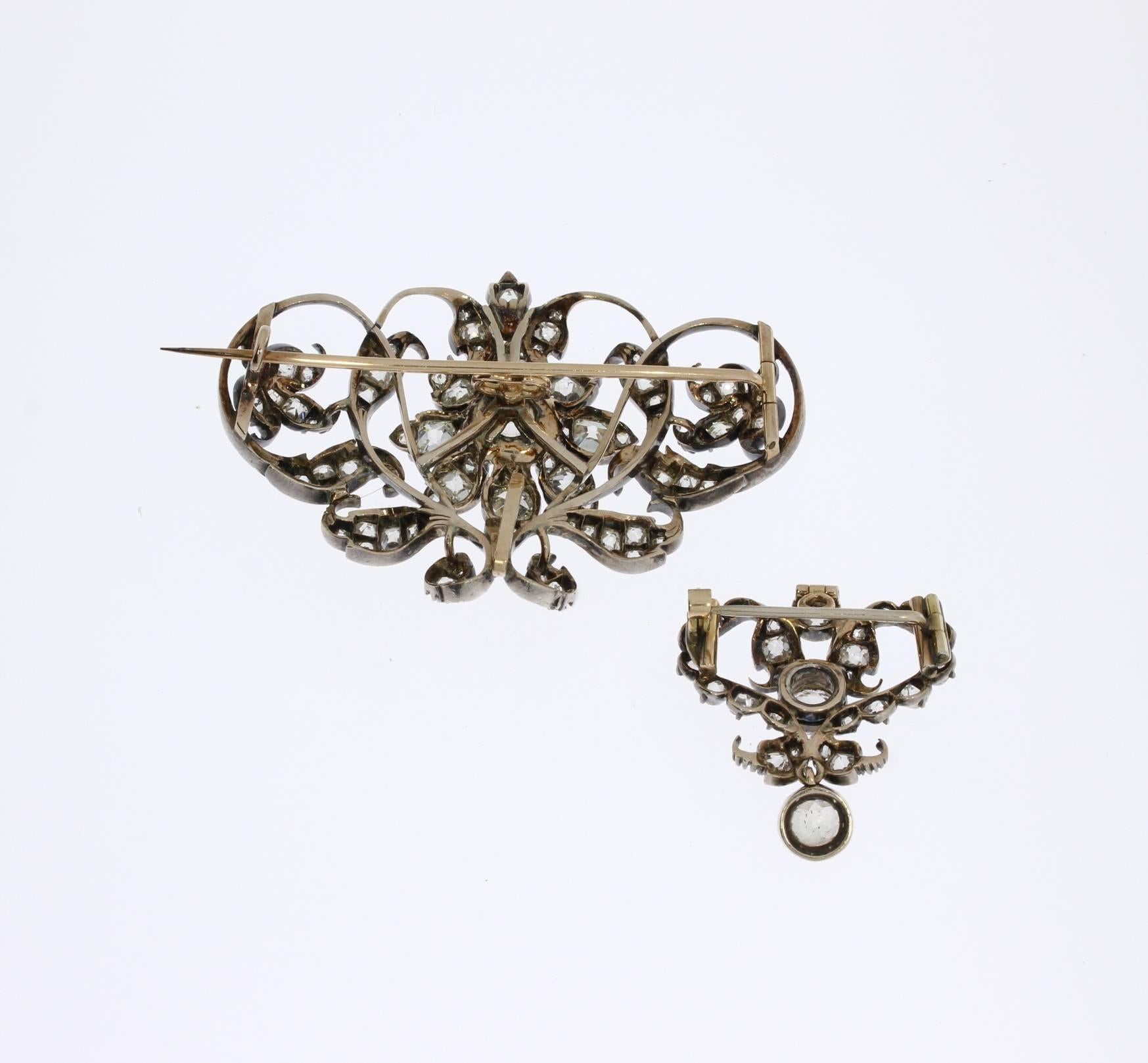 Women's 19th Century Victorian Two-Piece Diamond Silver Gold Brooch