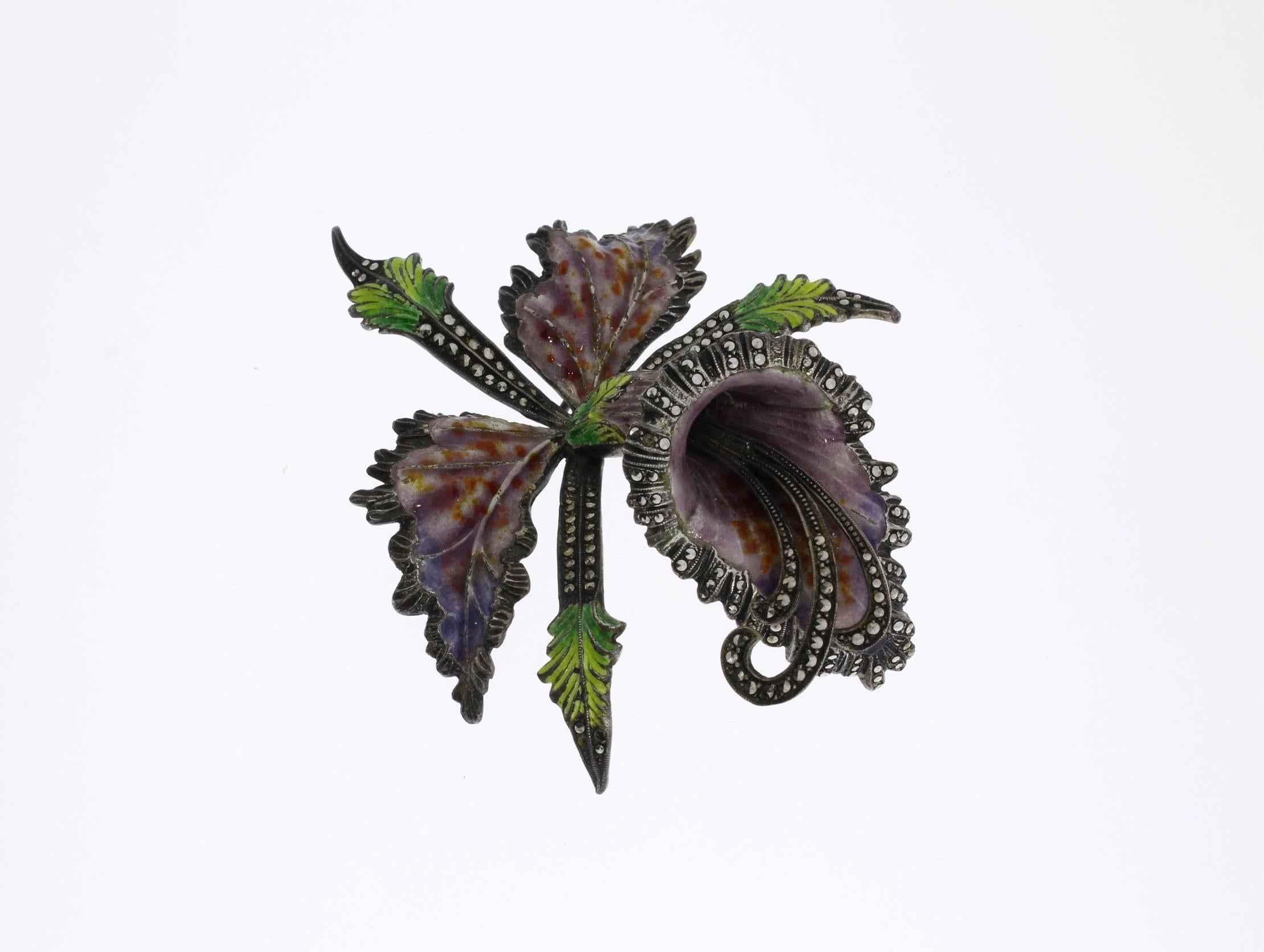 Conception florale des années 1930. Émaillé, avec de nombreuses marcassites. Monté en argent. Marqué au dos avec .35. Poids total : 48,59 g.
Dimensions : 3.46 x 2.91 in ( 8,8 x 7,4 cm )