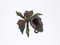 1930s Large Enamel Marcasite Silver Flower Brooch