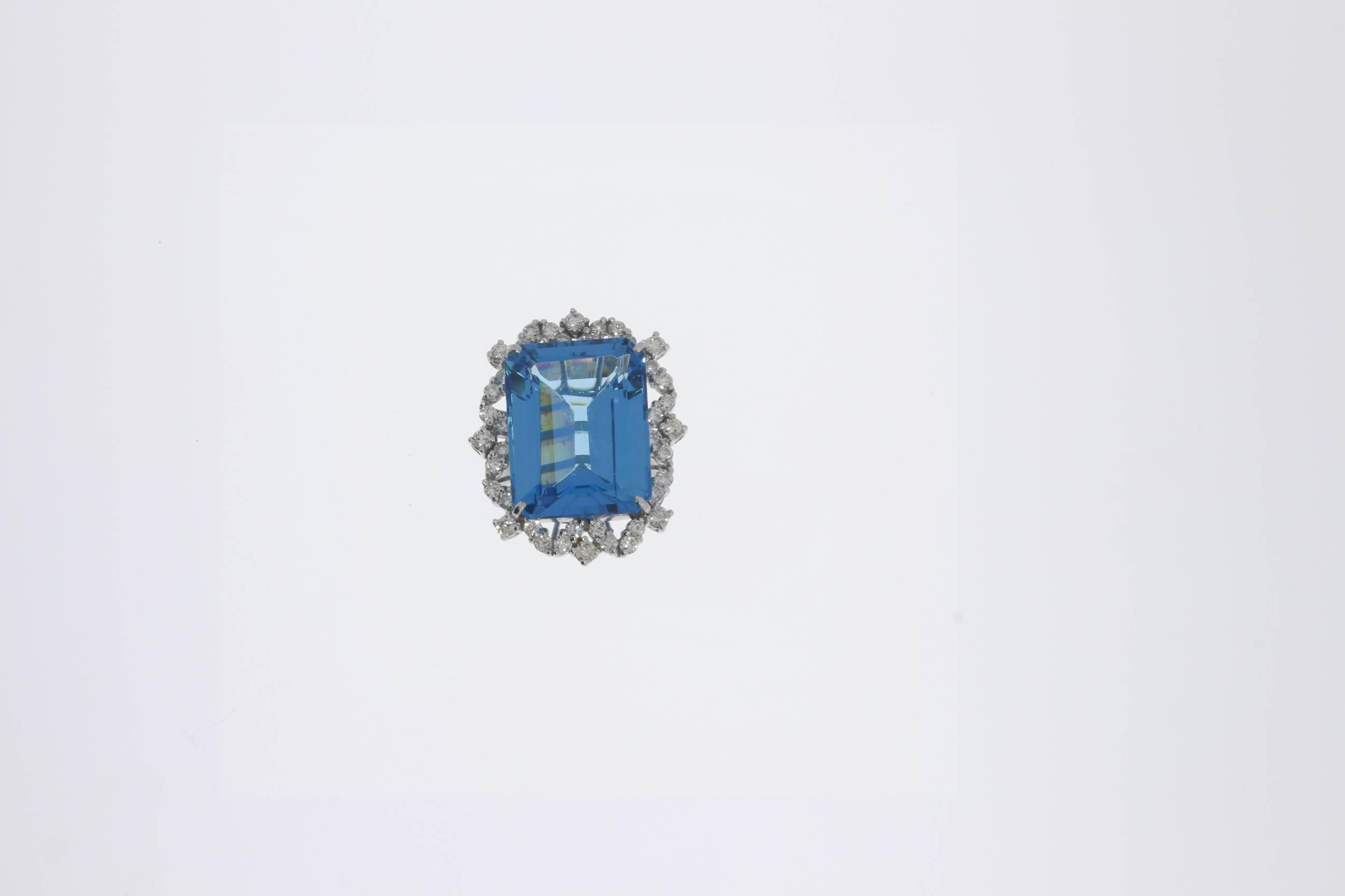 Emerald Cut Blue Topaz Diamond Gold Ring For Sale