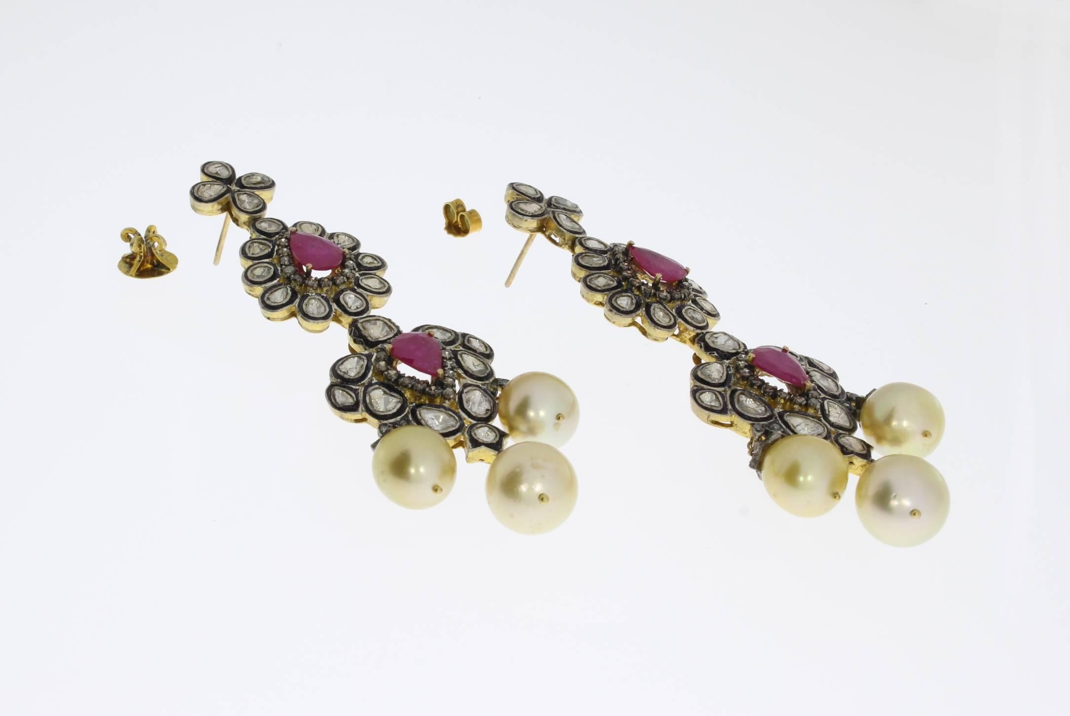 Rose Cut Pearl Ruby Diamond Silver Gold Chandelier Earrings For Sale
