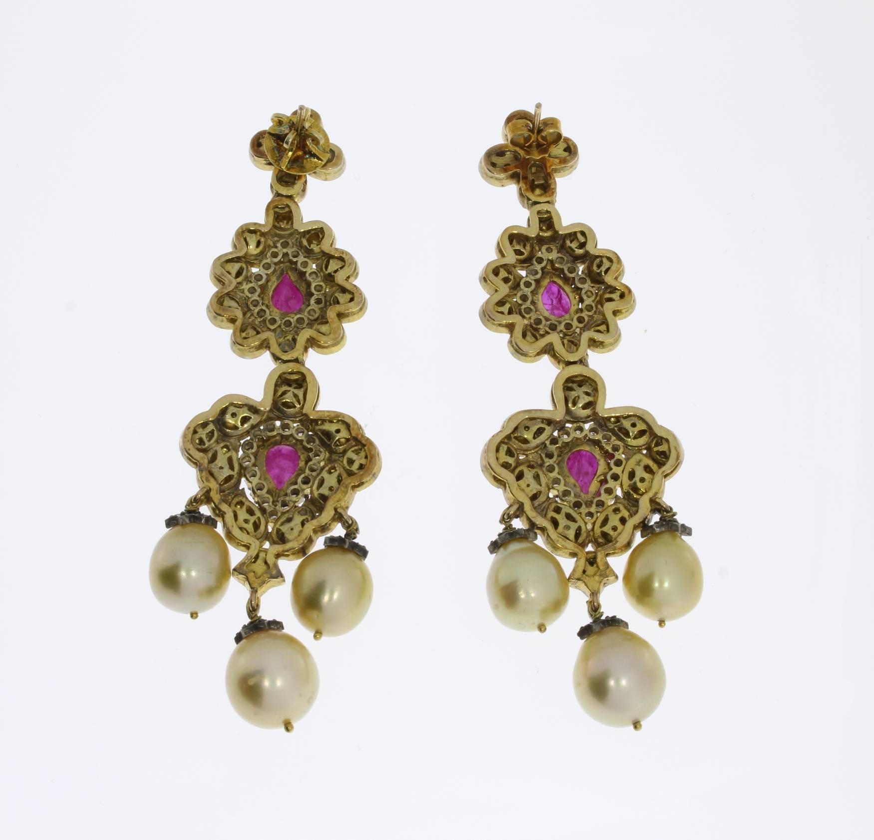 Pearl Ruby Diamond Silver Gold Chandelier Earrings In Excellent Condition For Sale In Berlin, DE