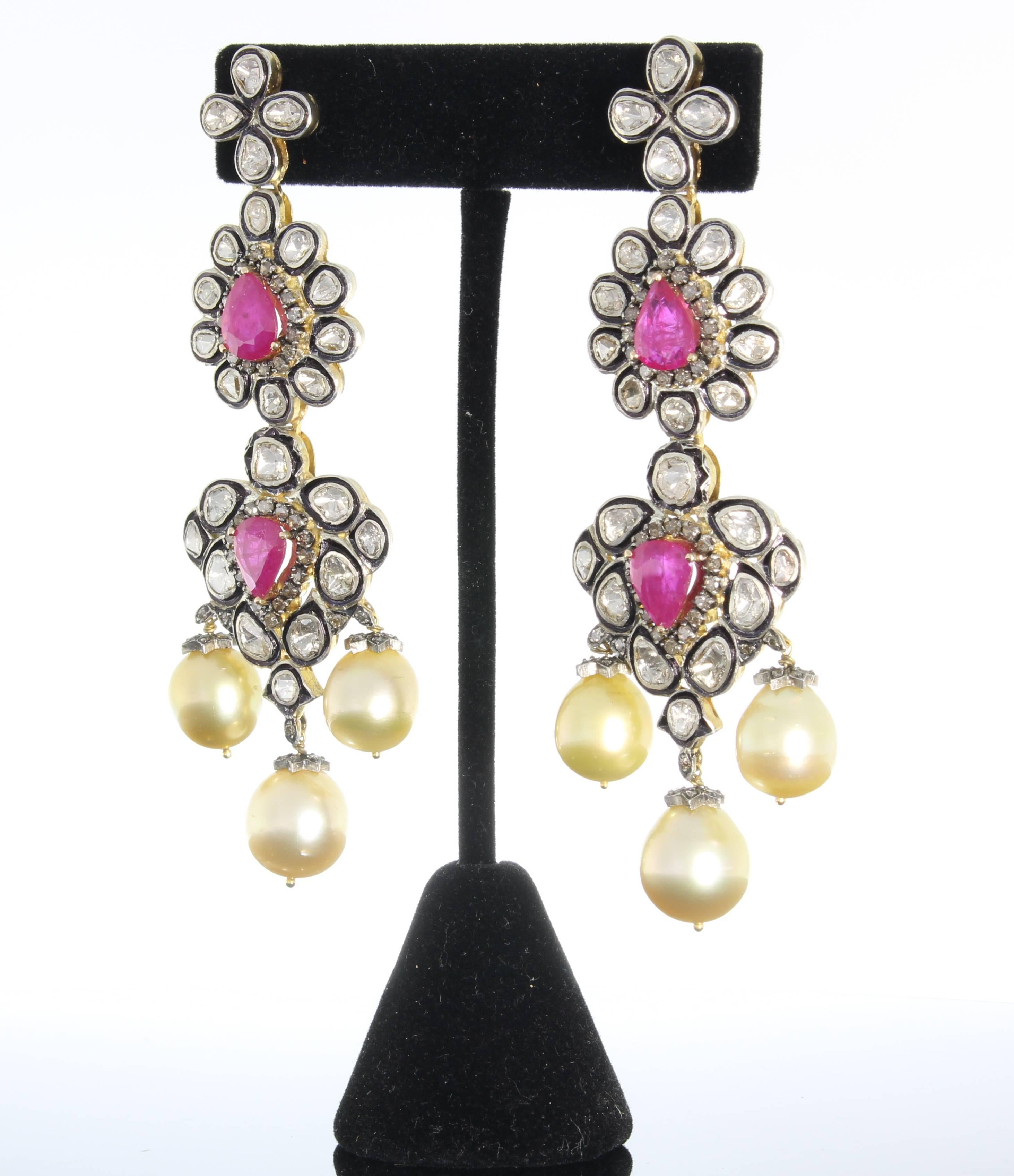 Women's Pearl Ruby Diamond Silver Gold Chandelier Earrings For Sale