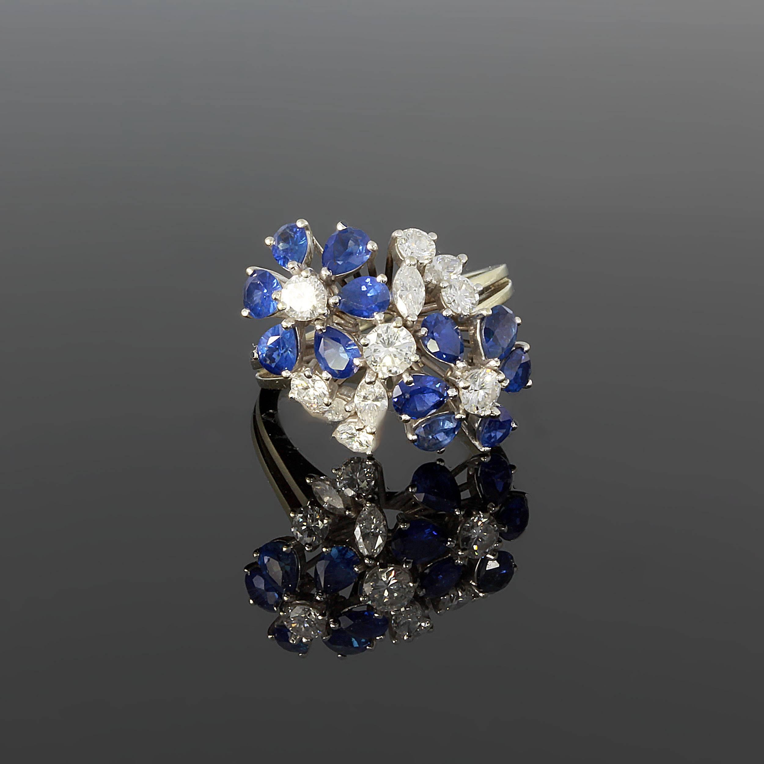 Sapphire Diamond Gold Flowers Ring 2