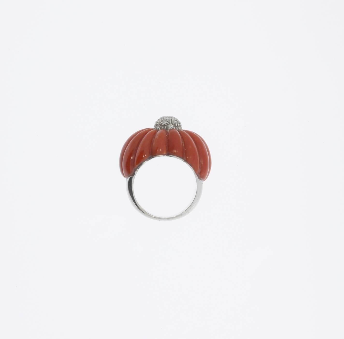 Women's 1970s Mediterranean Coral Diamond Gold Dome Ring For Sale