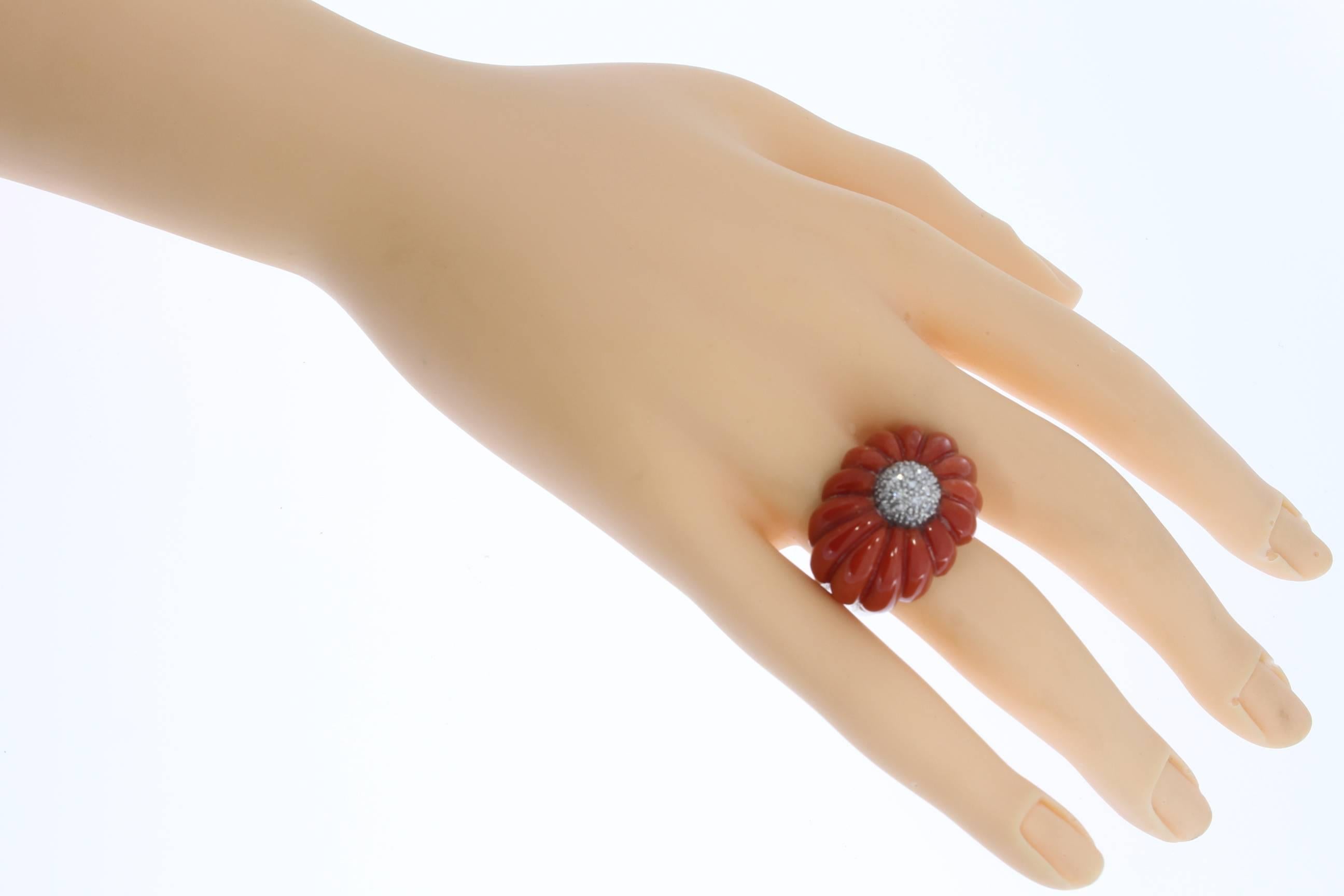 1970s Mediterranean Coral Diamond Gold Dome Ring For Sale 1