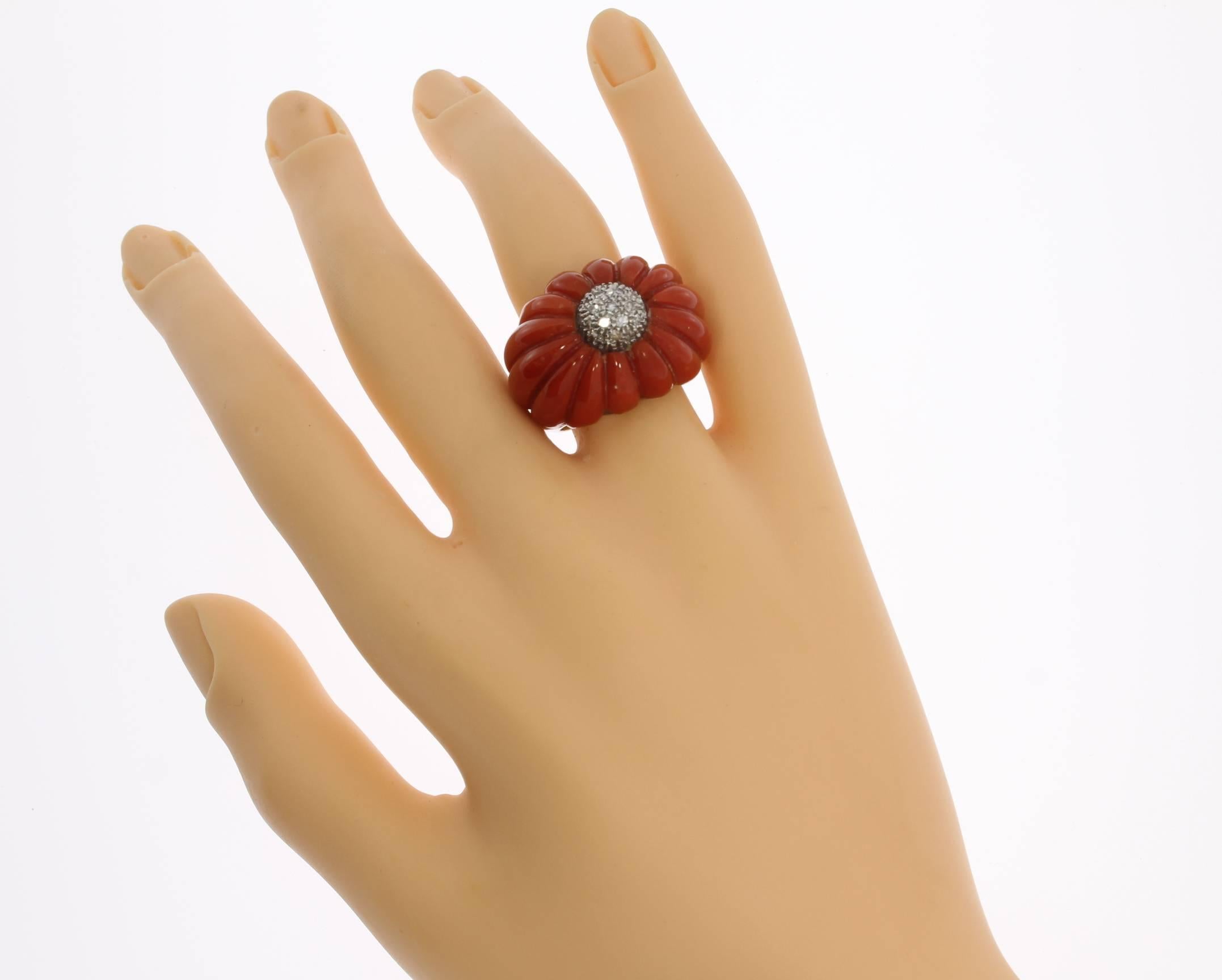 1970s Mediterranean Coral Diamond Gold Dome Ring For Sale 2