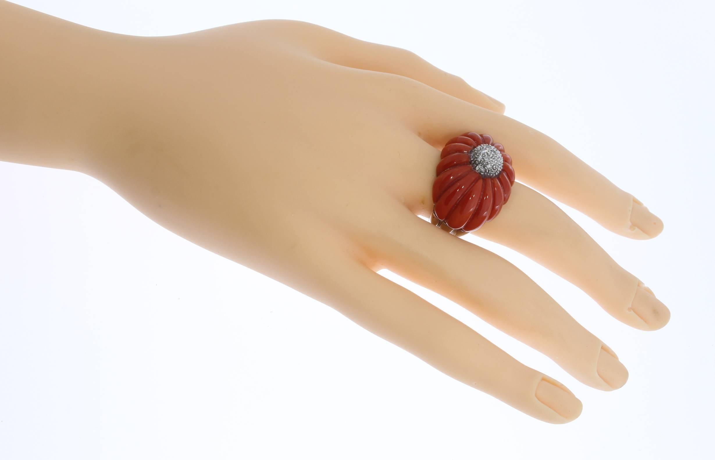 1970s Mediterranean Coral Diamond Gold Dome Ring For Sale 3