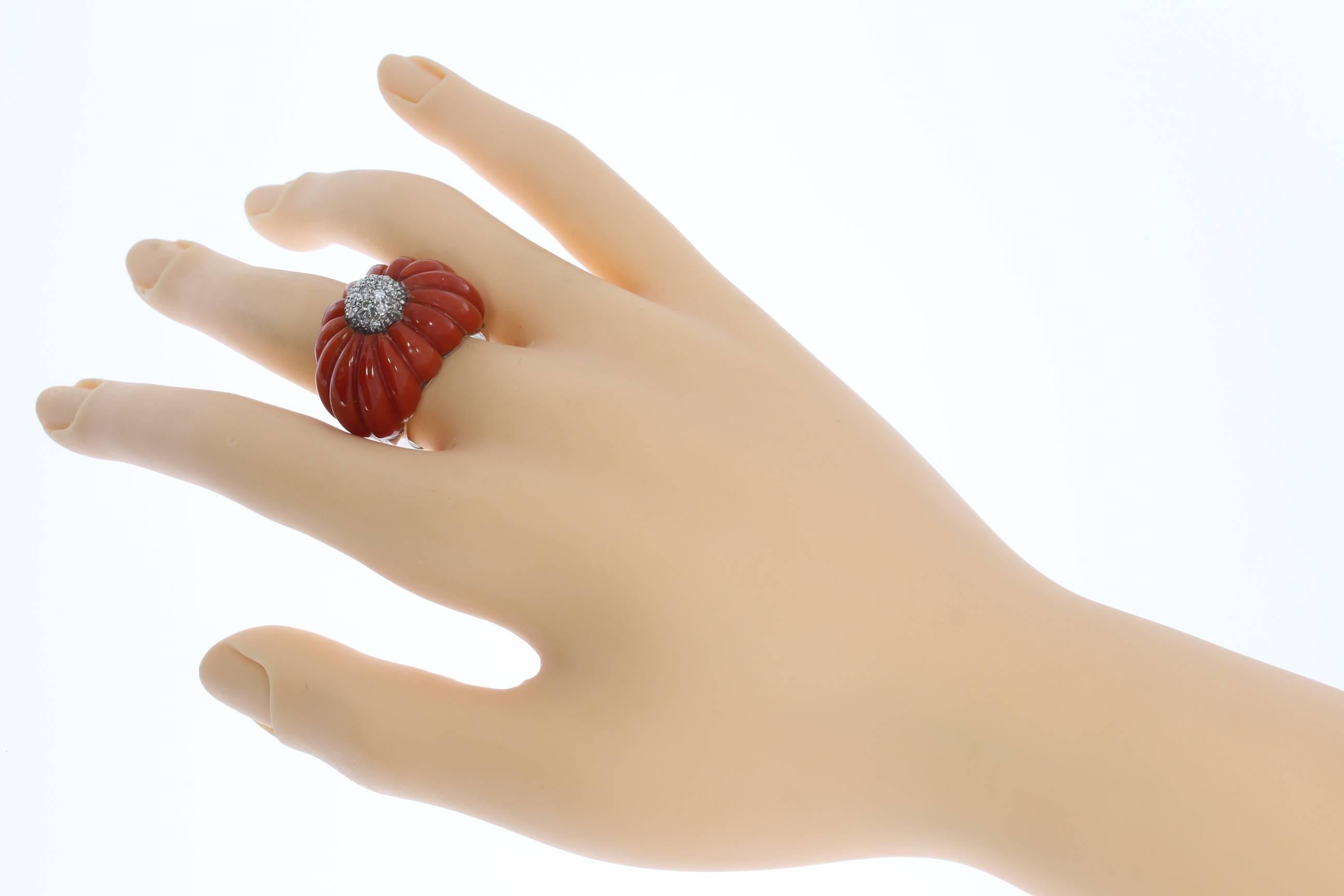 1970s Mediterranean Coral Diamond Gold Dome Ring For Sale 4