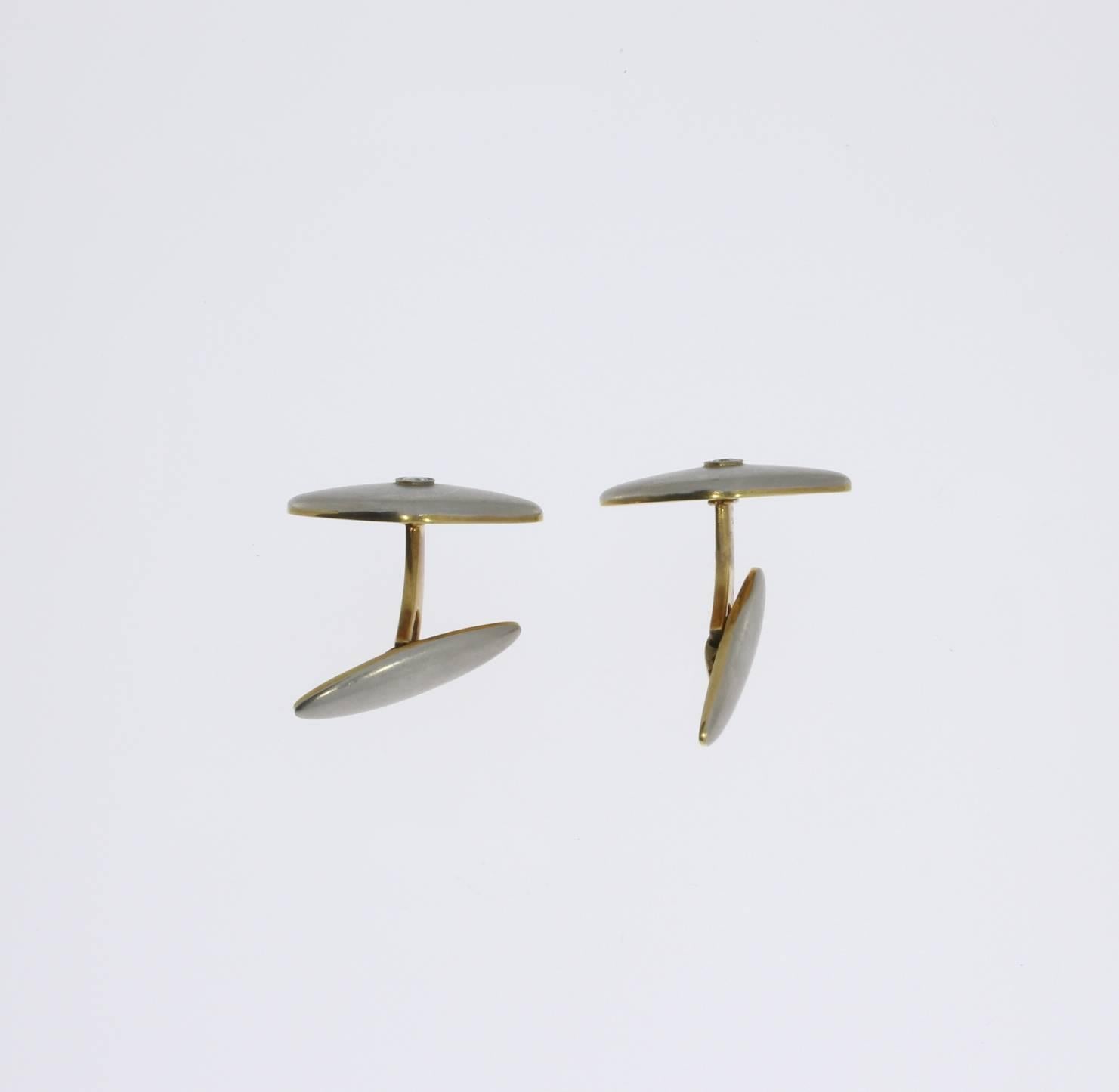 Men's Pair of Platinum and Gold Cufflinks with Diamonds For Sale