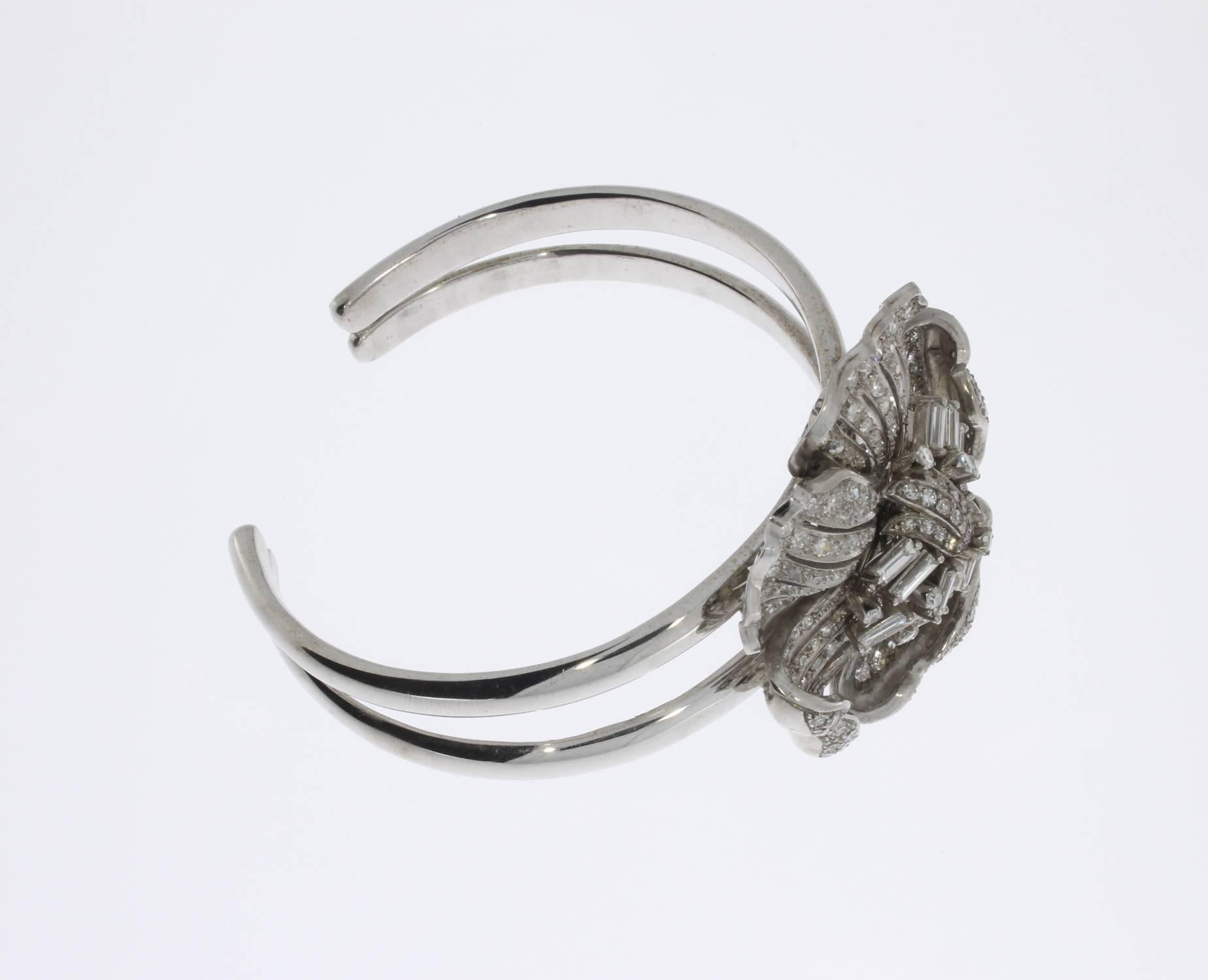 Women's Art Deco Diamond Gold Platinum Flower Bangle Bracelet