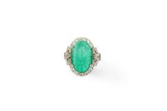 Platinum Ring with Carved Emerald and Diamonds