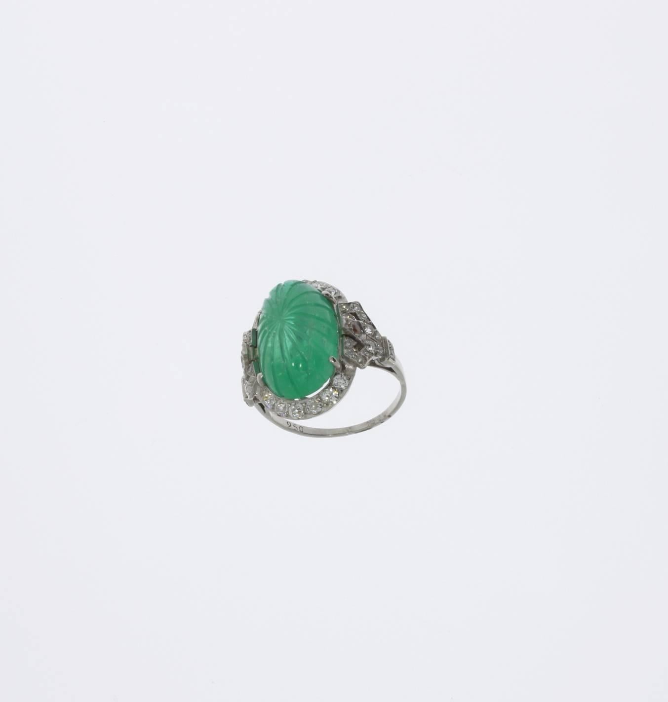 Cabochon Platinum Ring with Carved Emerald and Diamonds For Sale
