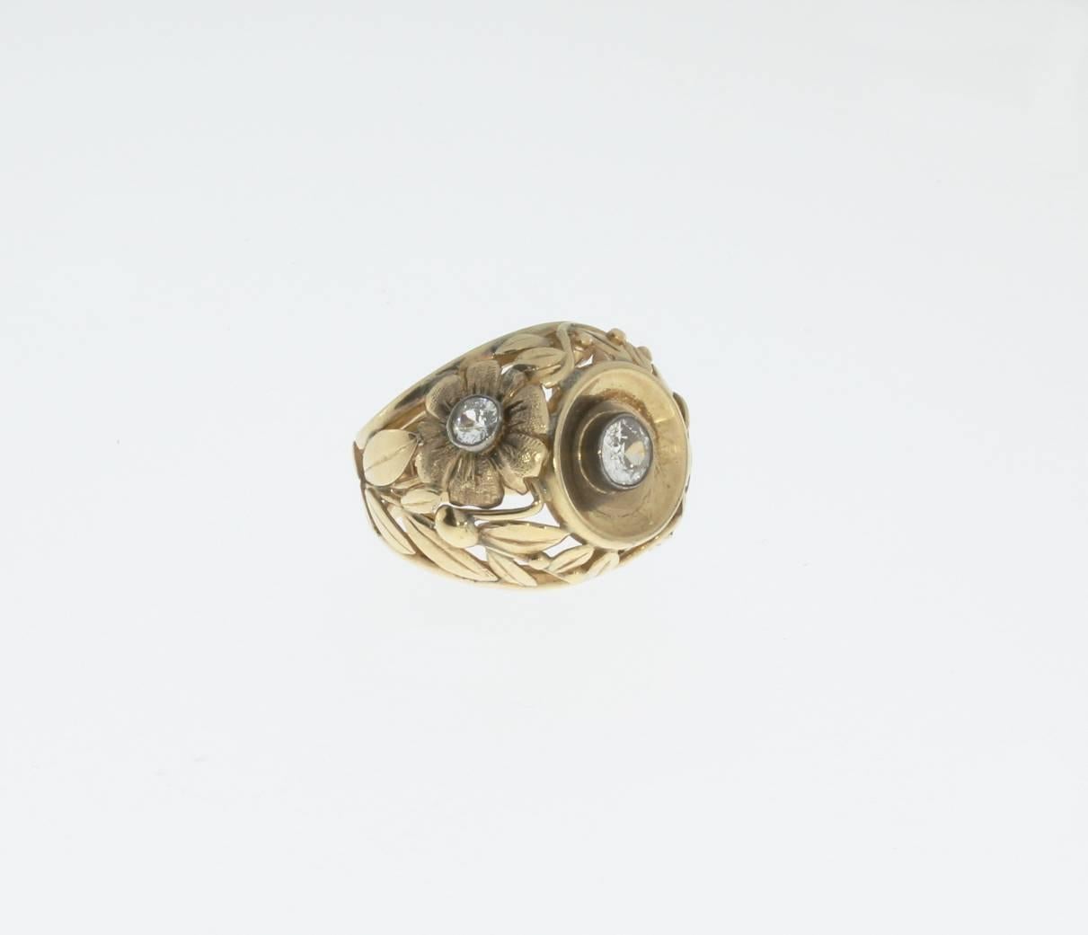 Old Mine Cut 1930s Gold Cocktail Ring with Three Diamonds For Sale
