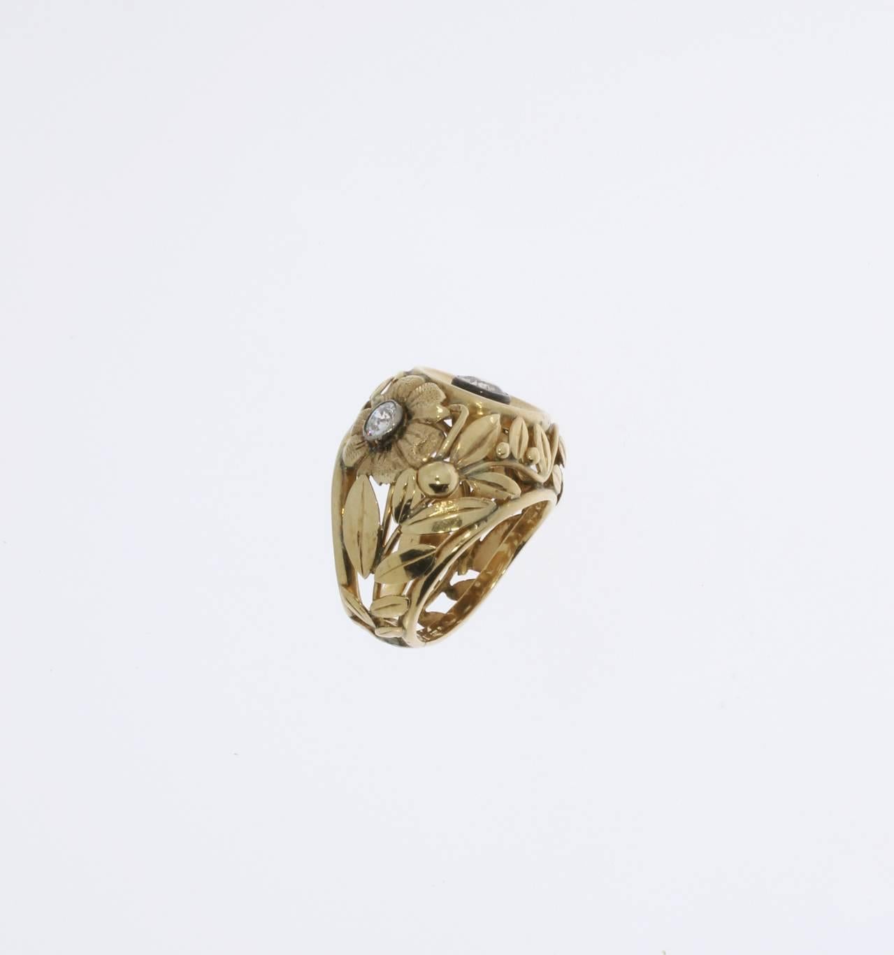 Women's 1930s Gold Cocktail Ring with Three Diamonds For Sale