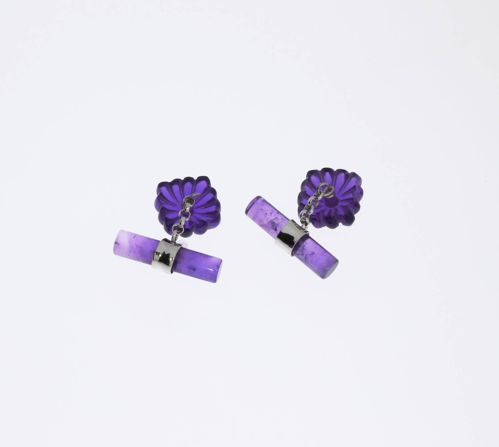 Round Cut Pair of Amethyst and Diamonds Gold Cufflinks For Sale