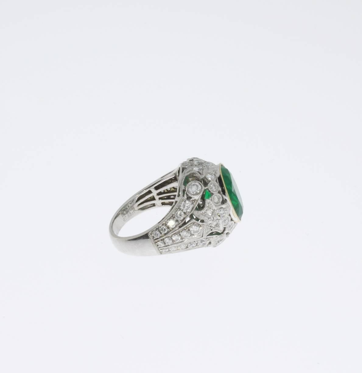 Art Deco Brazilian Emerald Diamonds Gold Cluster Ring For Sale