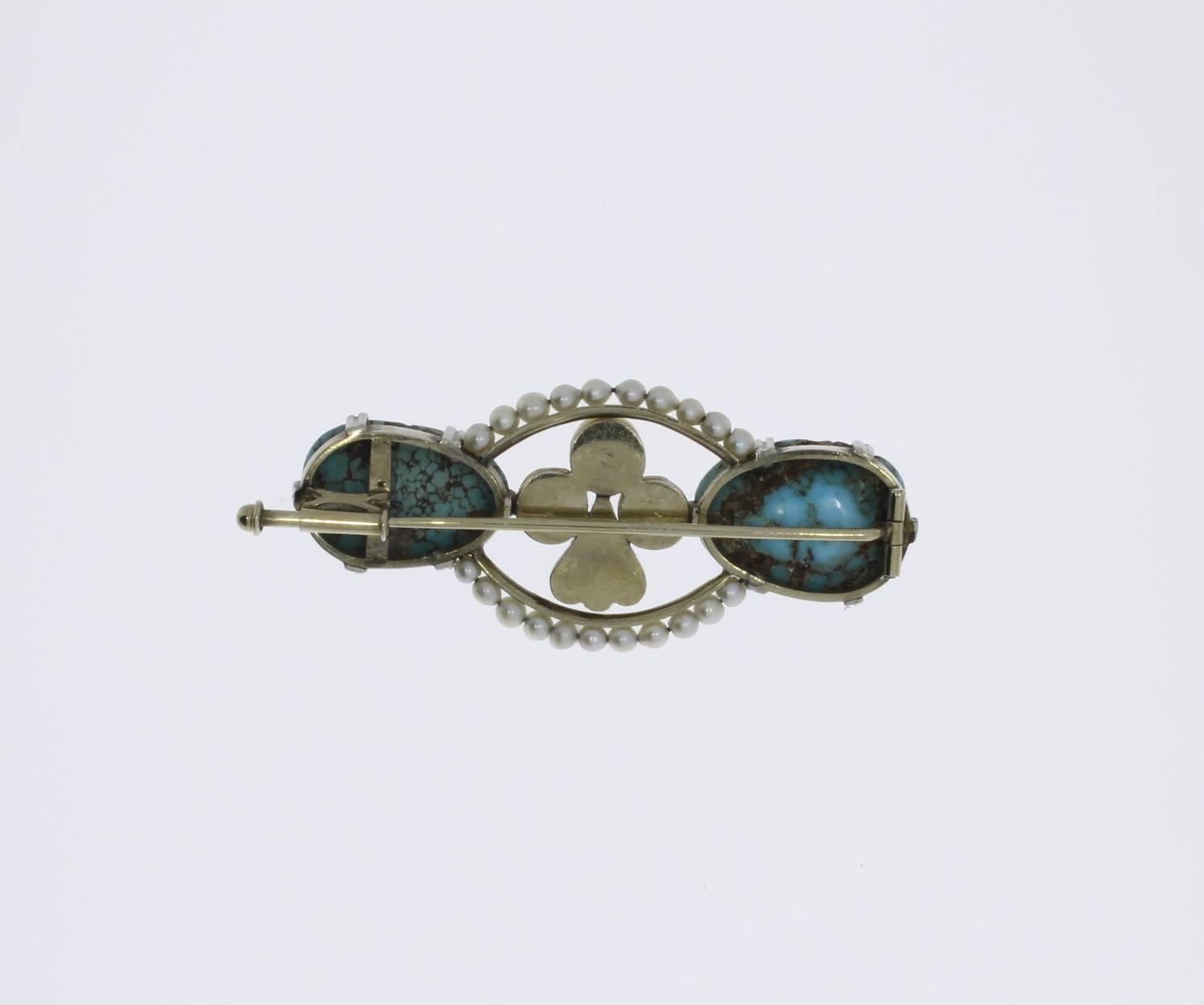 Cabochon Antique Pearl Turquoise Diamond Platinum Brooch