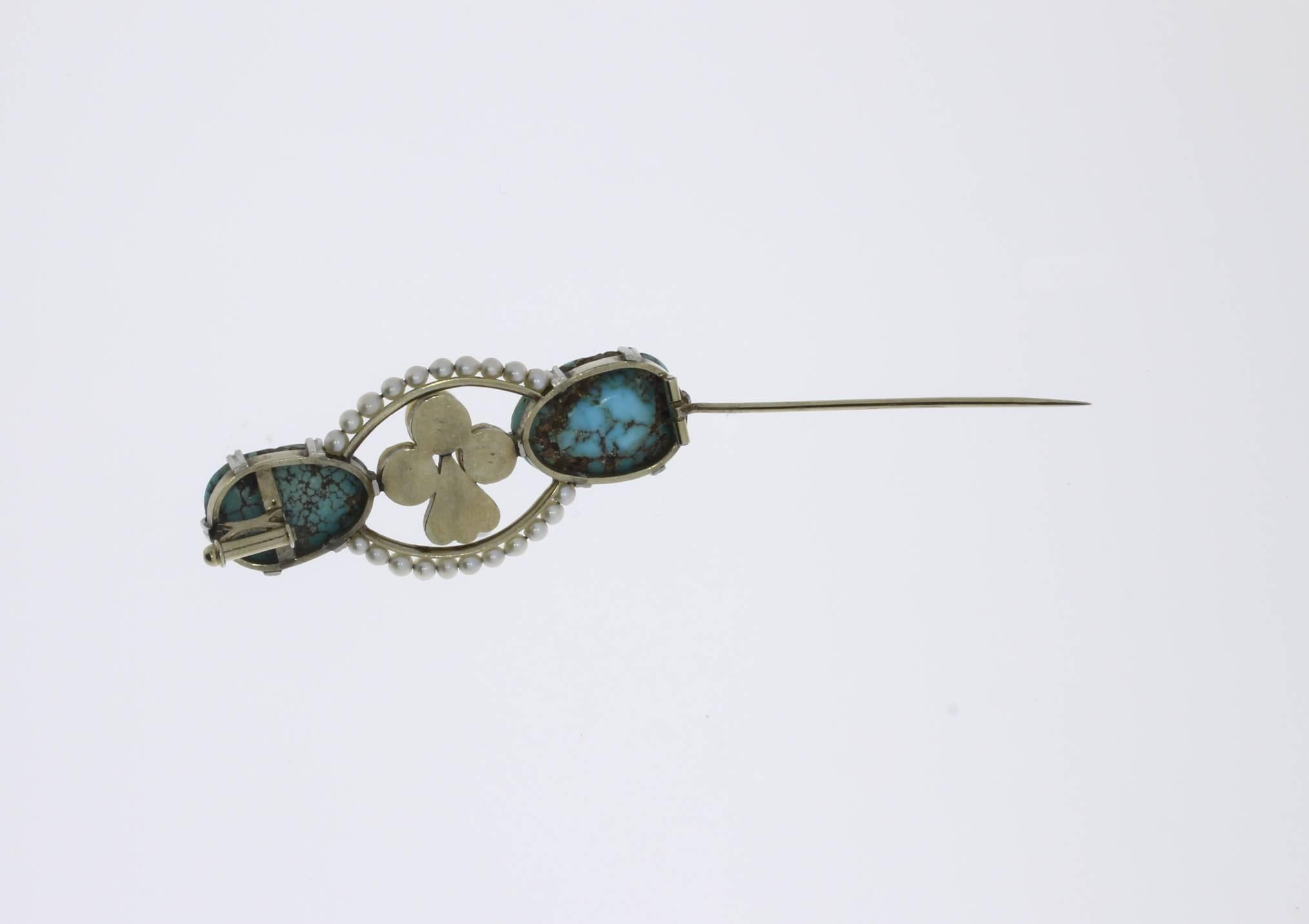 Antique Pearl Turquoise Diamond Platinum Brooch In Good Condition In Berlin, DE