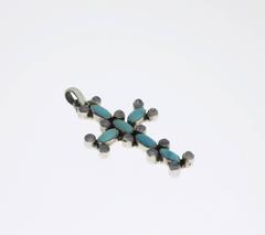 Art Nouveau Silver Cross Pendant with Turkuoises and Moonstones