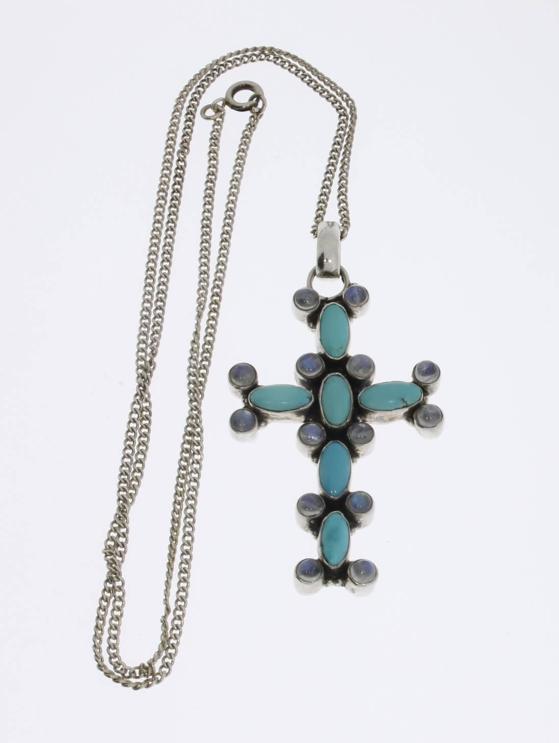 Jugendstil-Silberkreuz-Anhänger mit Turkuoises und Mondsteinen (Art nouveau) im Angebot
