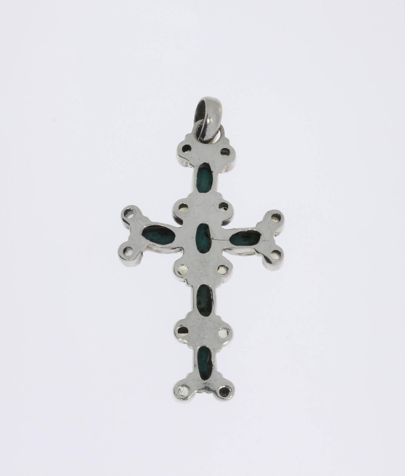 Art Nouveau Silver Cross Pendant with Turkuoises and Moonstones In Good Condition For Sale In Berlin, DE
