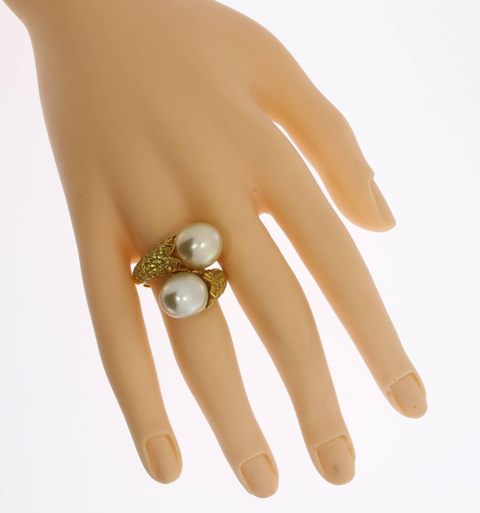 Modern Double South Sea Pearl Diamond Gold Cocktail Ring For Sale
