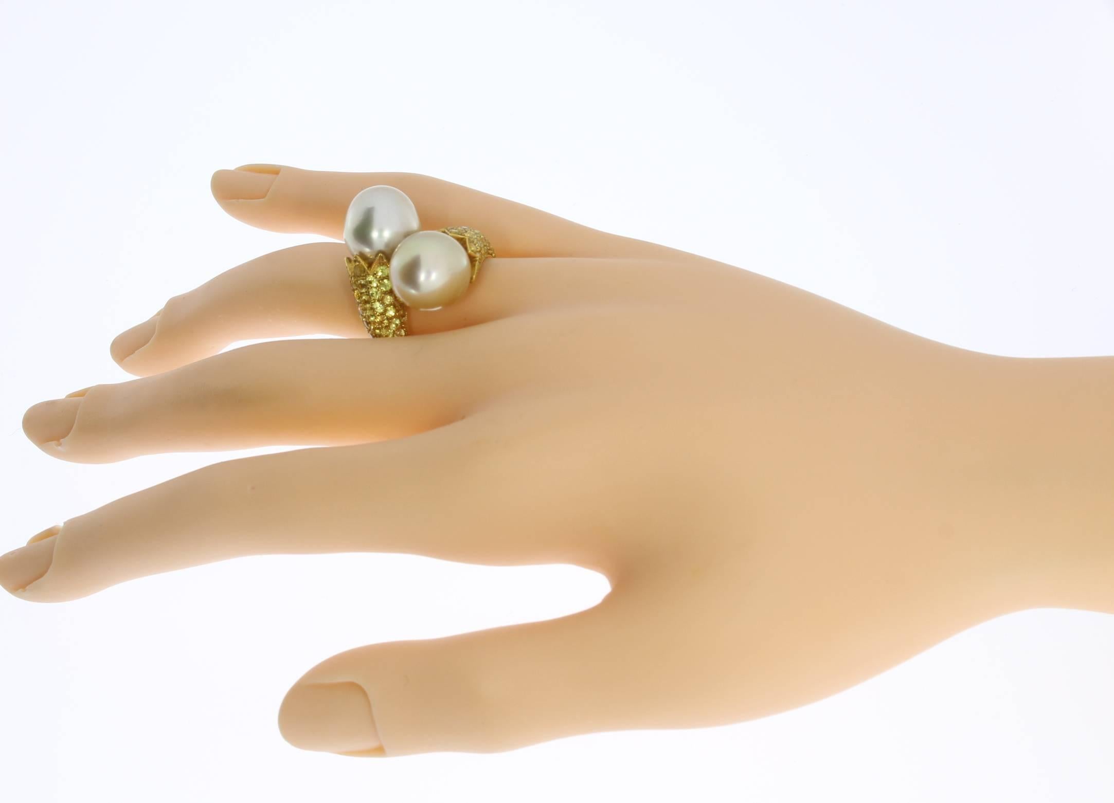Brilliant Cut Double South Sea Pearl Diamond Gold Cocktail Ring For Sale