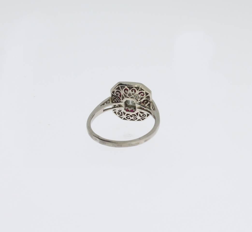 Women's Ruby and Diamond Cluster Gold Ring in Art Deco Style For Sale