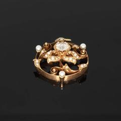 Art Nouveau Pearl Diamond Gold Pendant